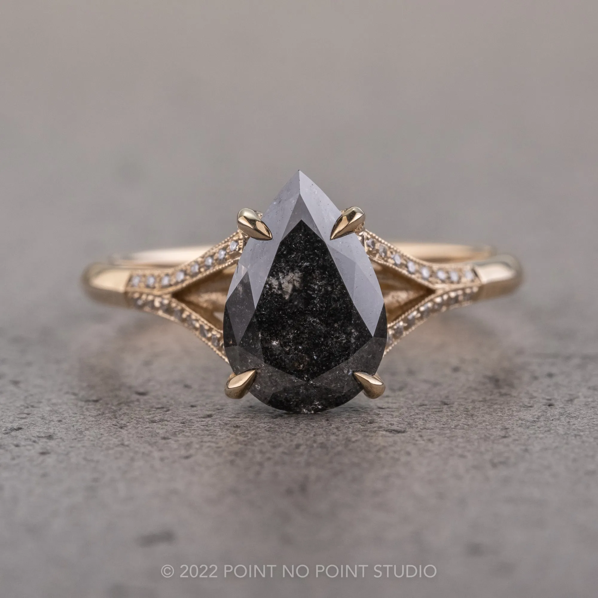 2.38 Carat Black Speckled Pear Diamond Engagement Ring, Mackenzie Setting, 14K Yellow Gold