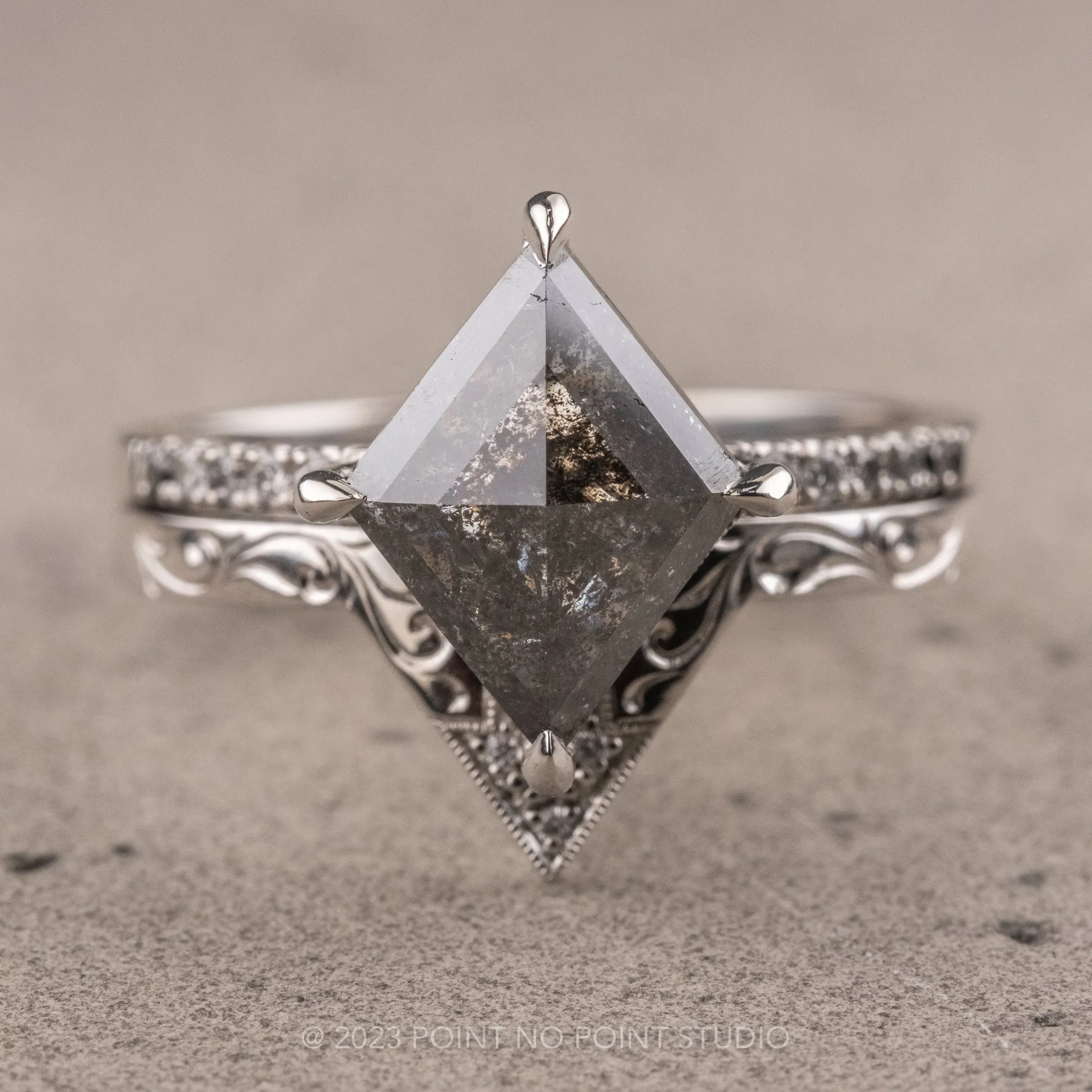 2.47 Carat Salt and Pepper Lozenge Diamond Engagement Ring, Ombre Filigree Juliette Setting, Platinum