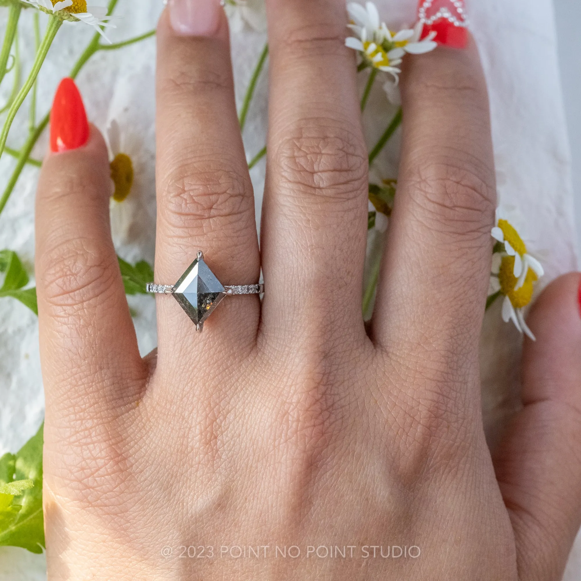 2.47 Carat Salt and Pepper Lozenge Diamond Engagement Ring, Ombre Filigree Juliette Setting, Platinum
