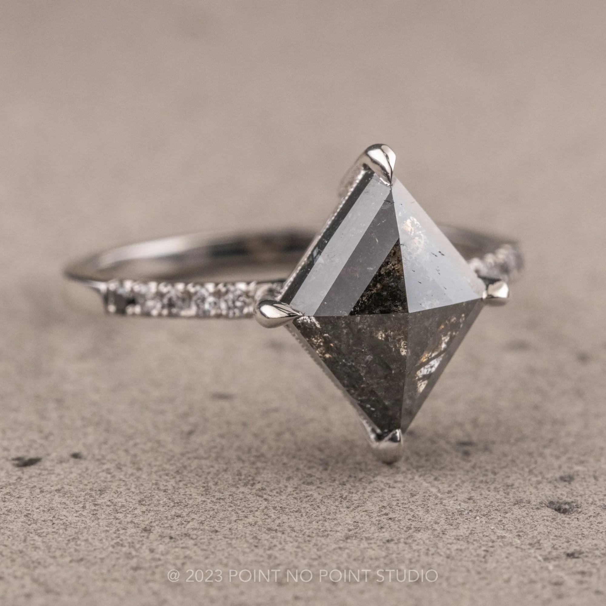 2.47 Carat Salt and Pepper Lozenge Diamond Engagement Ring, Ombre Filigree Juliette Setting, Platinum