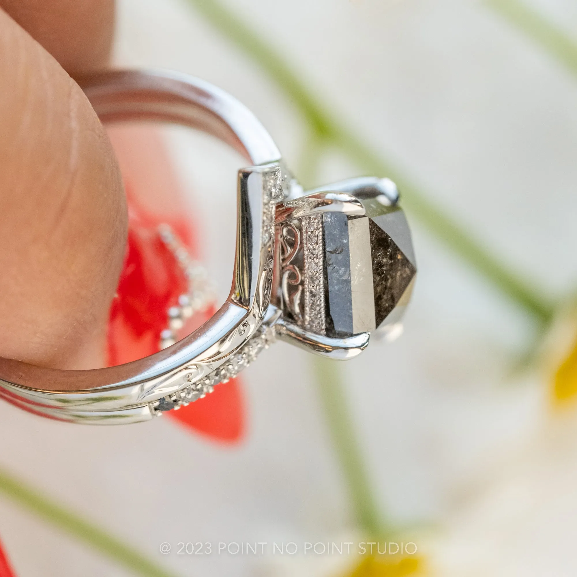 2.47 Carat Salt and Pepper Lozenge Diamond Engagement Ring, Ombre Filigree Juliette Setting, Platinum