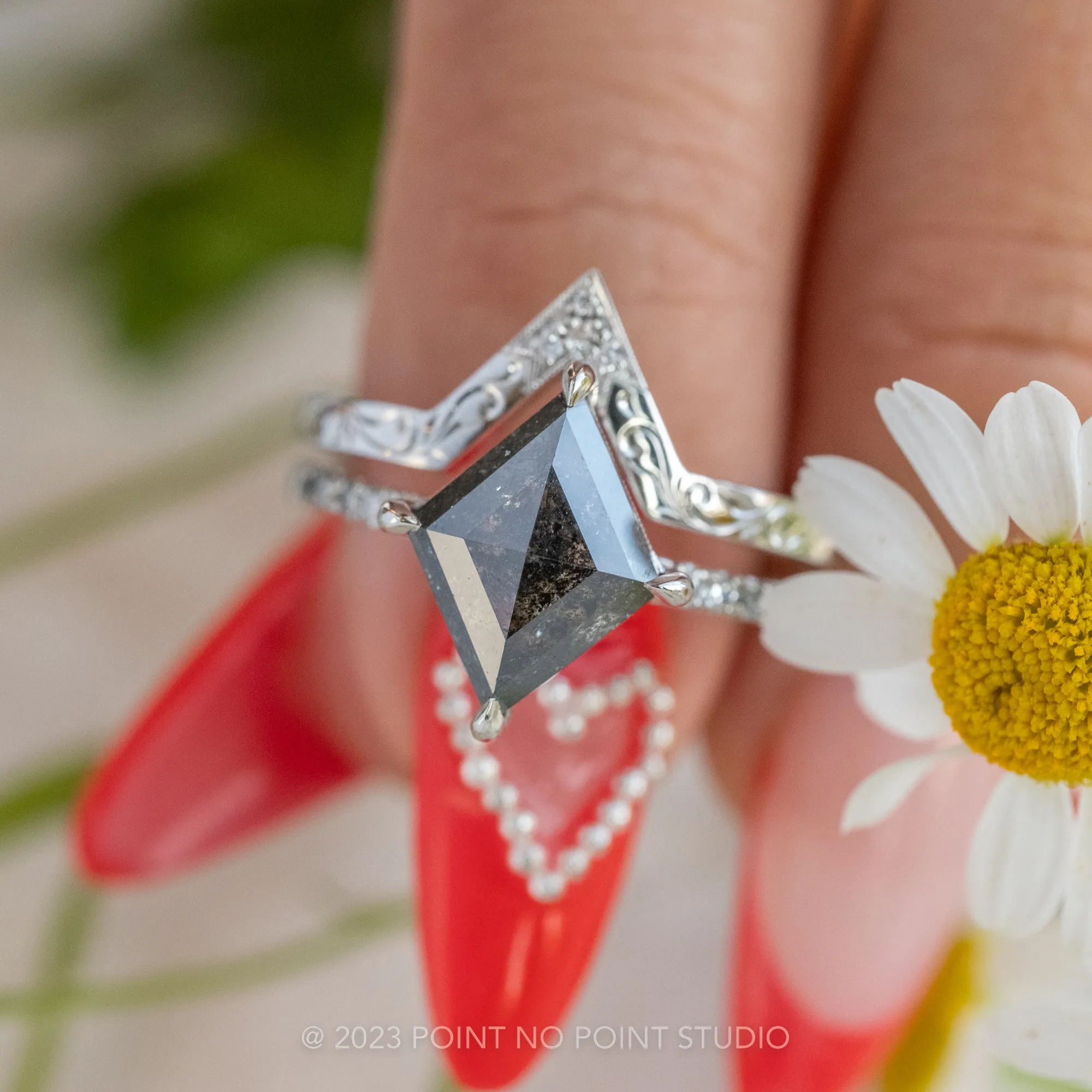 2.47 Carat Salt and Pepper Lozenge Diamond Engagement Ring, Ombre Filigree Juliette Setting, Platinum