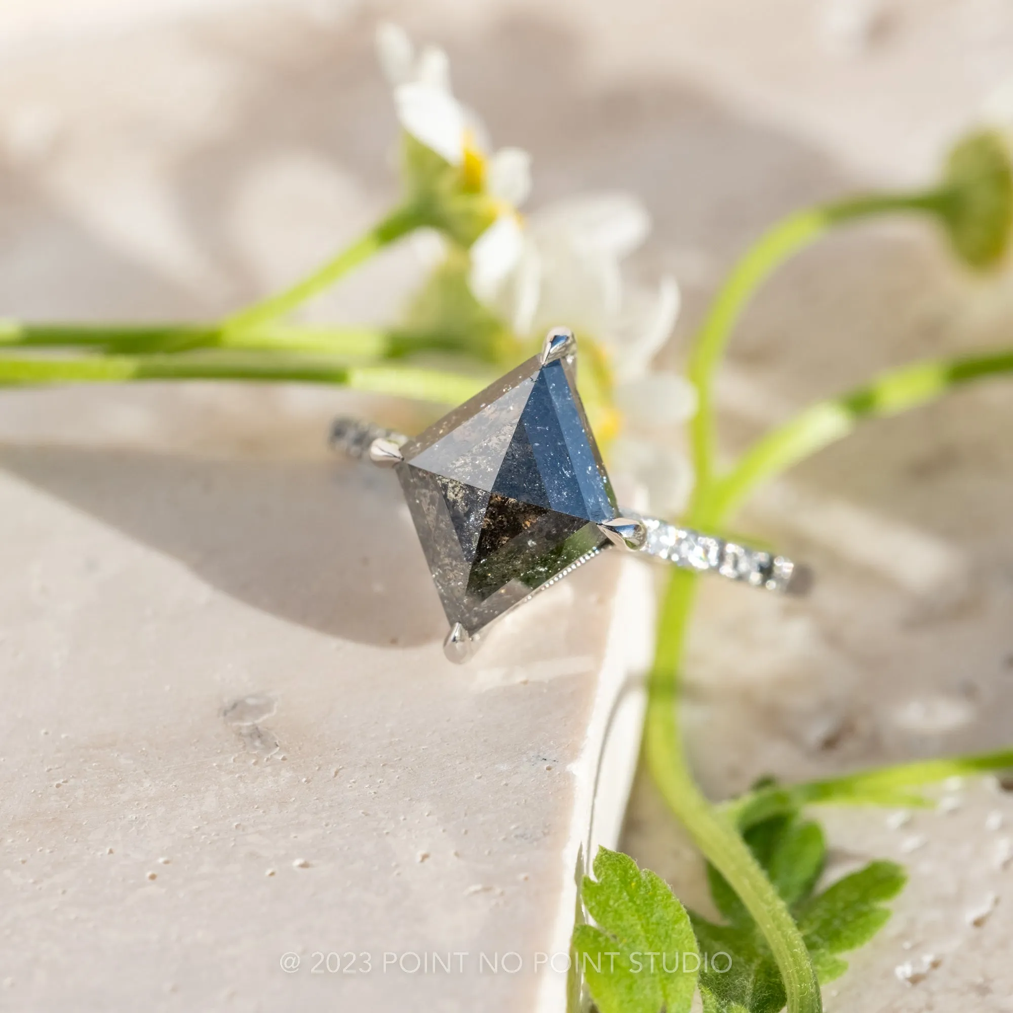 2.47 Carat Salt and Pepper Lozenge Diamond Engagement Ring, Ombre Filigree Juliette Setting, Platinum