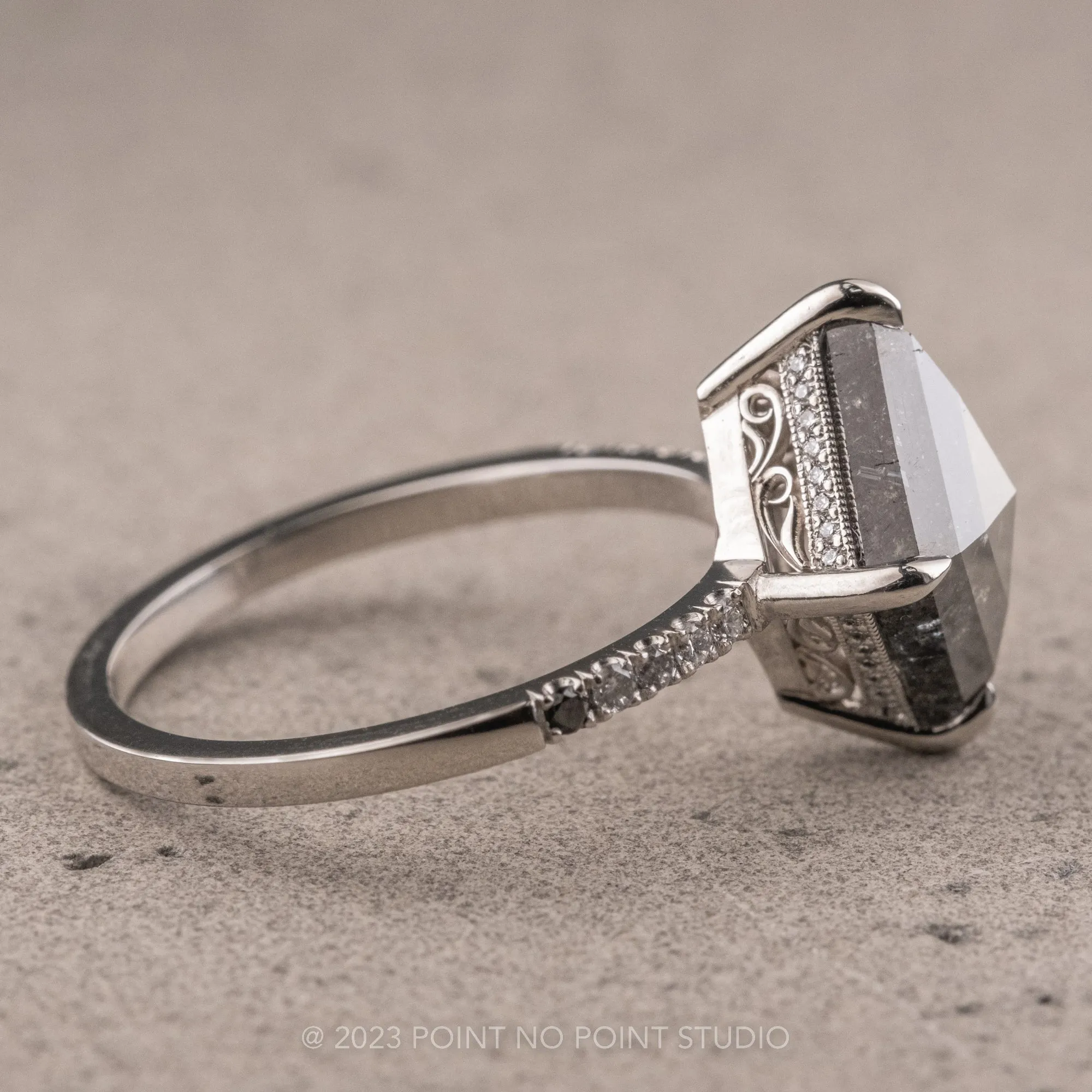 2.47 Carat Salt and Pepper Lozenge Diamond Engagement Ring, Ombre Filigree Juliette Setting, Platinum