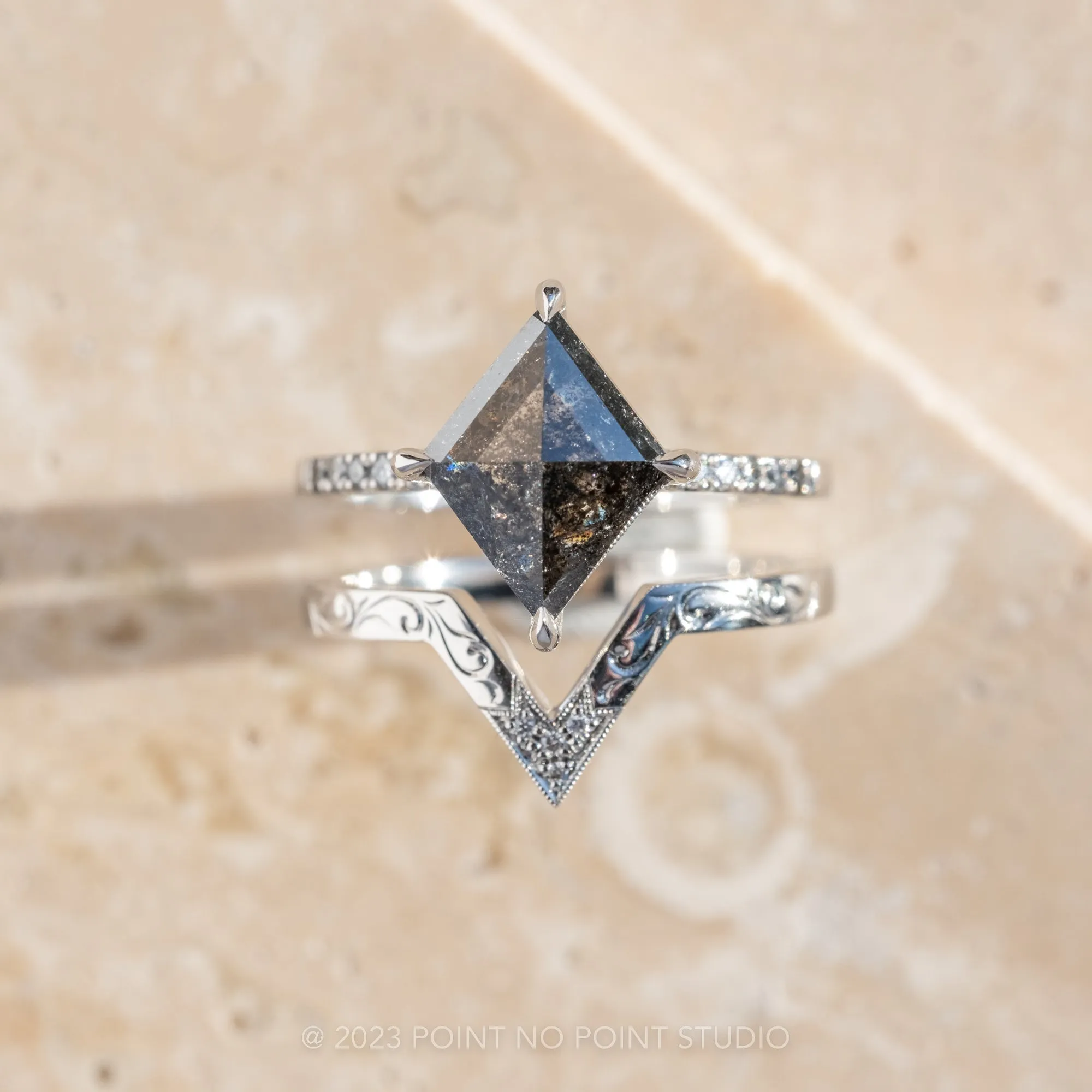 2.47 Carat Salt and Pepper Lozenge Diamond Engagement Ring, Ombre Filigree Juliette Setting, Platinum