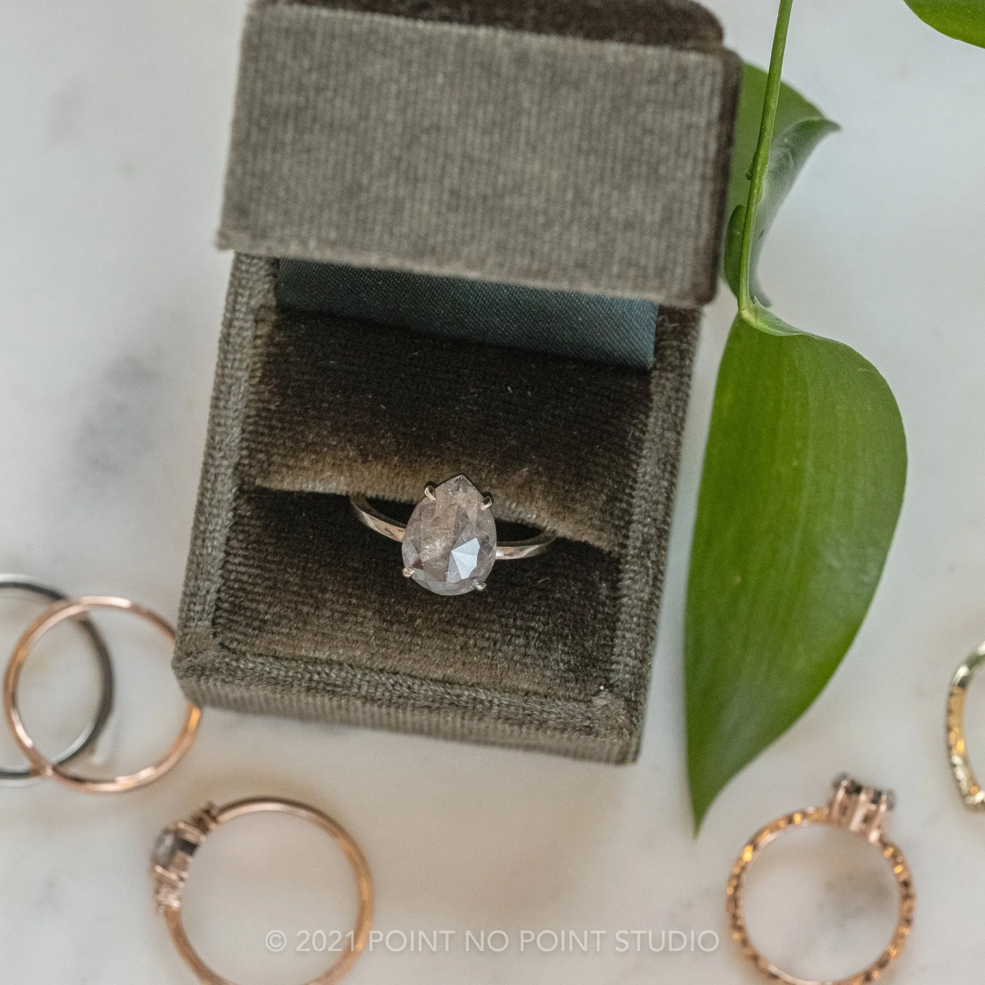 2.48 Carat Salt and Pepper Pear Diamond Engagement Ring, Jane Setting, 14K White Gold
