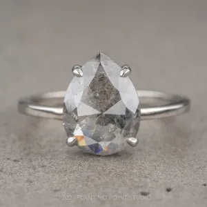 2.48 Carat Salt and Pepper Pear Diamond Engagement Ring, Jane Setting, 14K White Gold