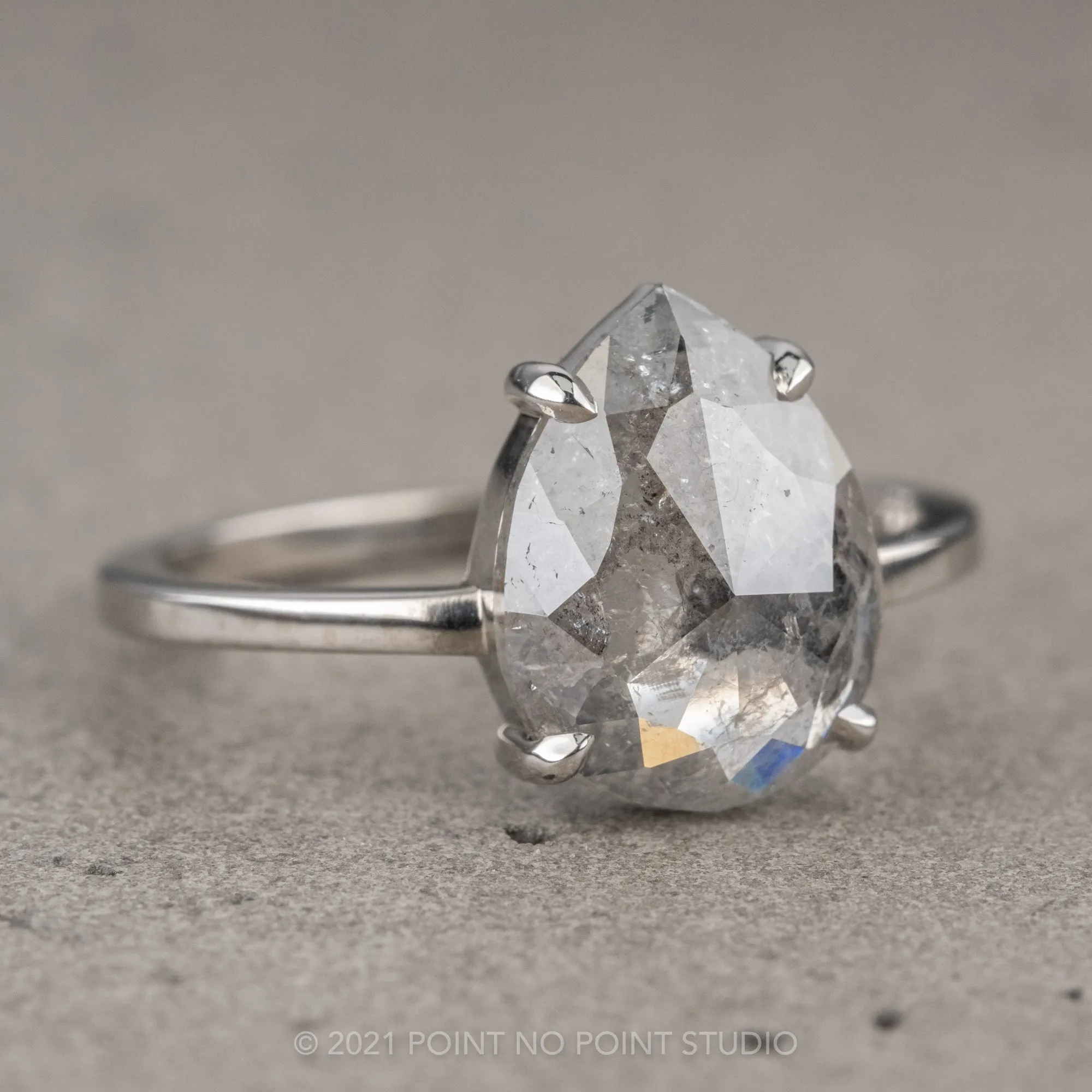 2.48 Carat Salt and Pepper Pear Diamond Engagement Ring, Jane Setting, 14K White Gold