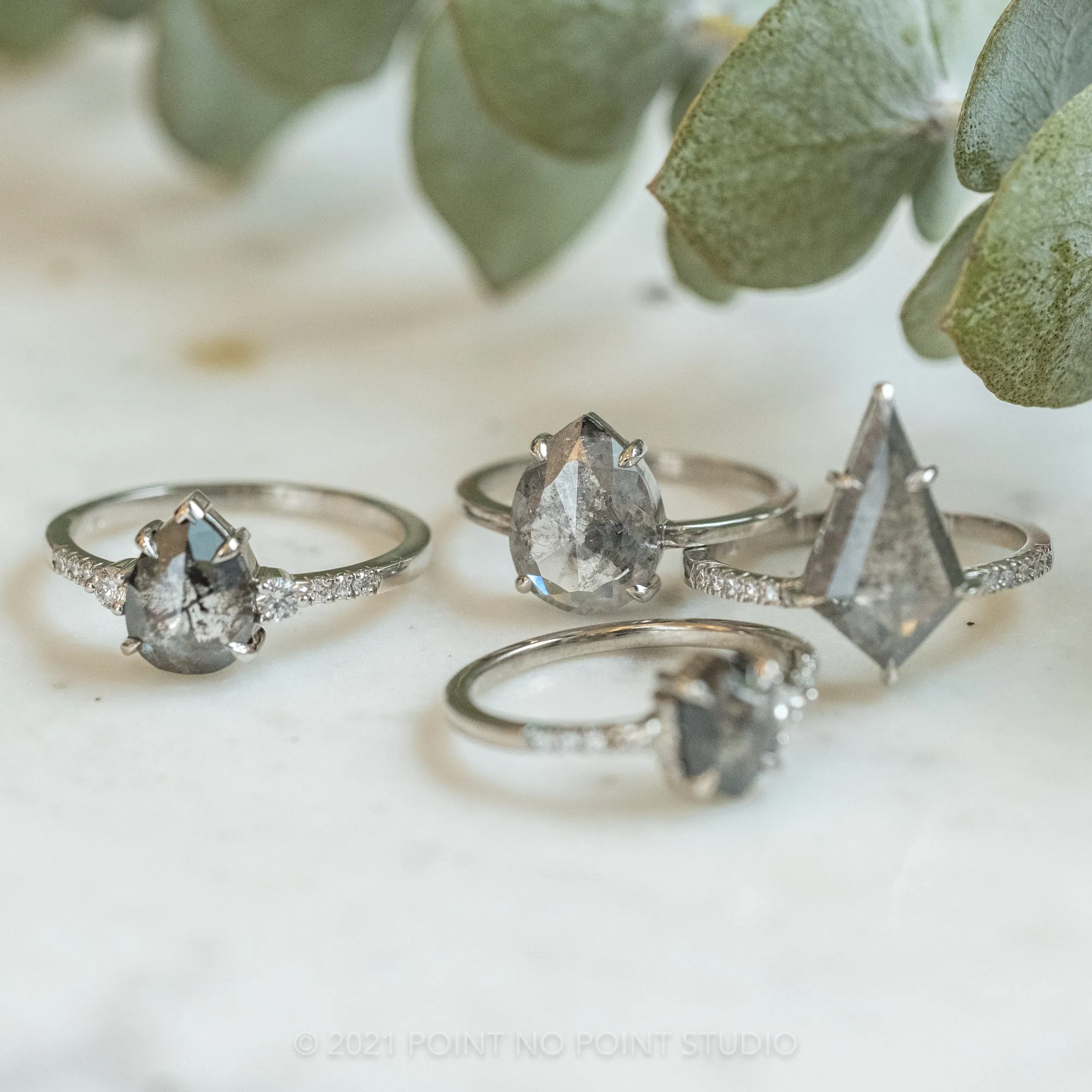 2.48 Carat Salt and Pepper Pear Diamond Engagement Ring, Jane Setting, 14K White Gold