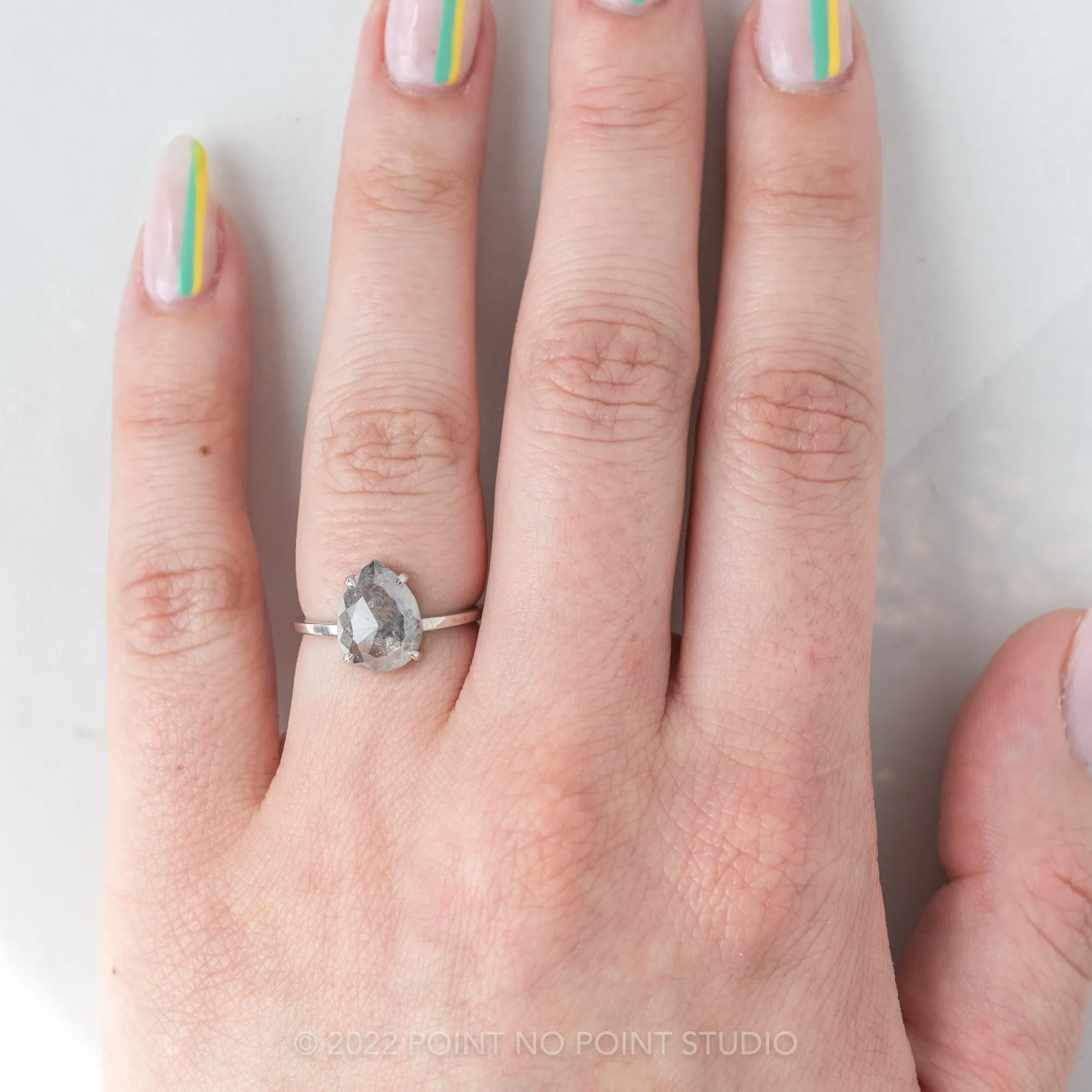 2.48 Carat Salt and Pepper Pear Diamond Engagement Ring, Jane Setting, 14K White Gold