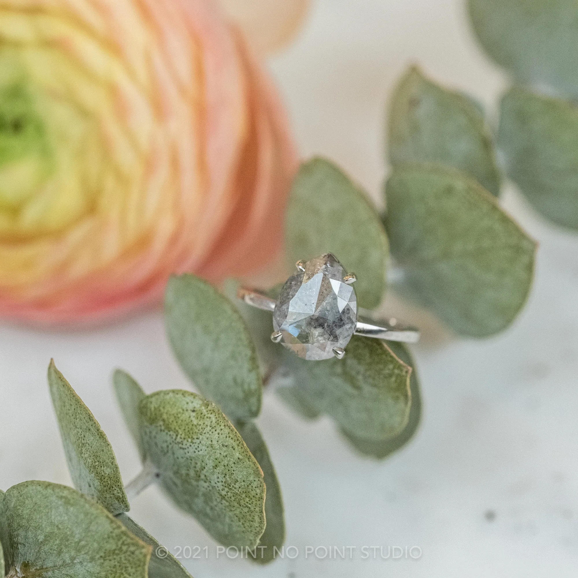 2.48 Carat Salt and Pepper Pear Diamond Engagement Ring, Jane Setting, 14K White Gold