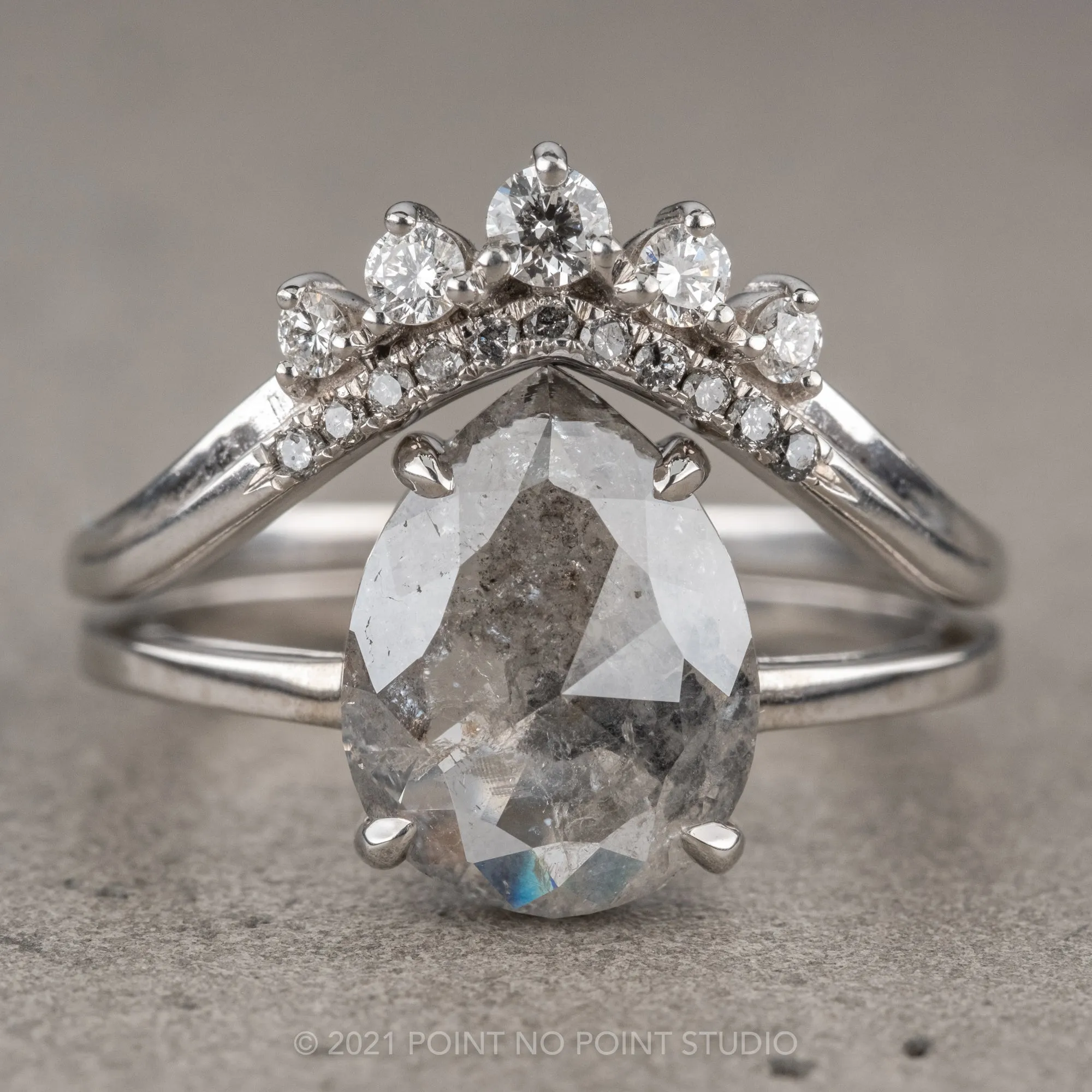 2.48 Carat Salt and Pepper Pear Diamond Engagement Ring, Jane Setting, 14K White Gold