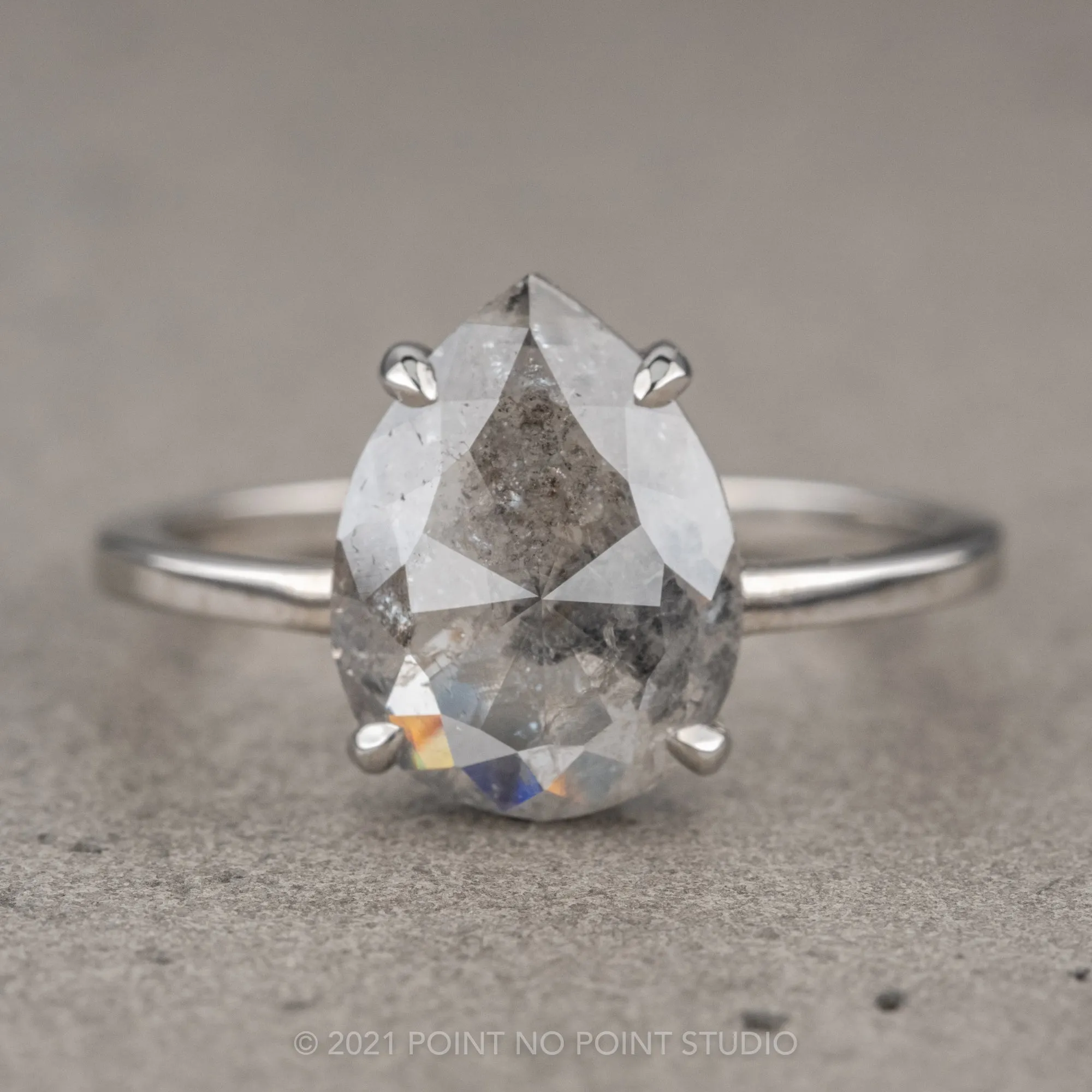 2.48 Carat Salt and Pepper Pear Diamond Engagement Ring, Jane Setting, 14K White Gold