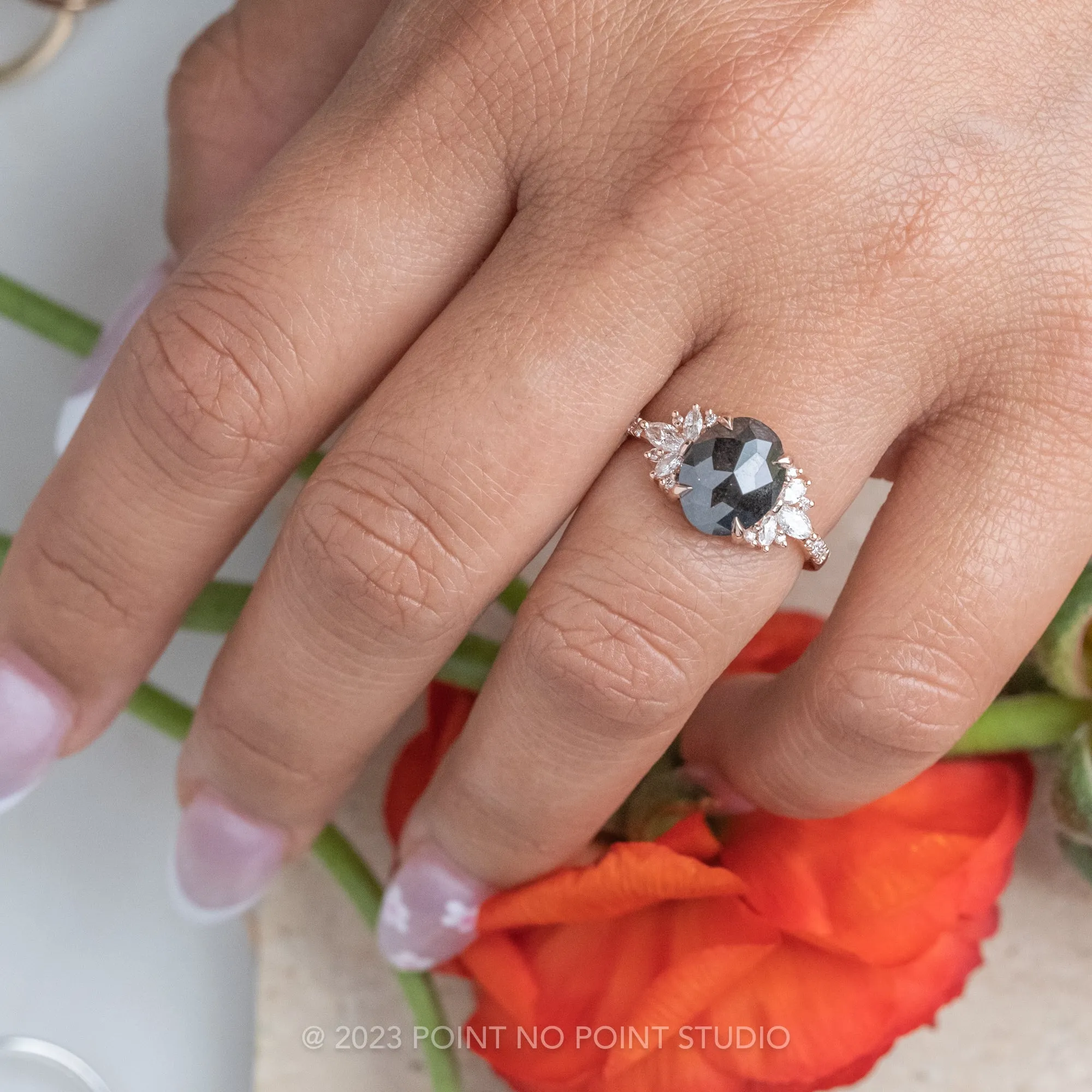 2.57 Carat Black Oval Diamond Engagement Ring, Monarch Setting, 14K Rose Gold