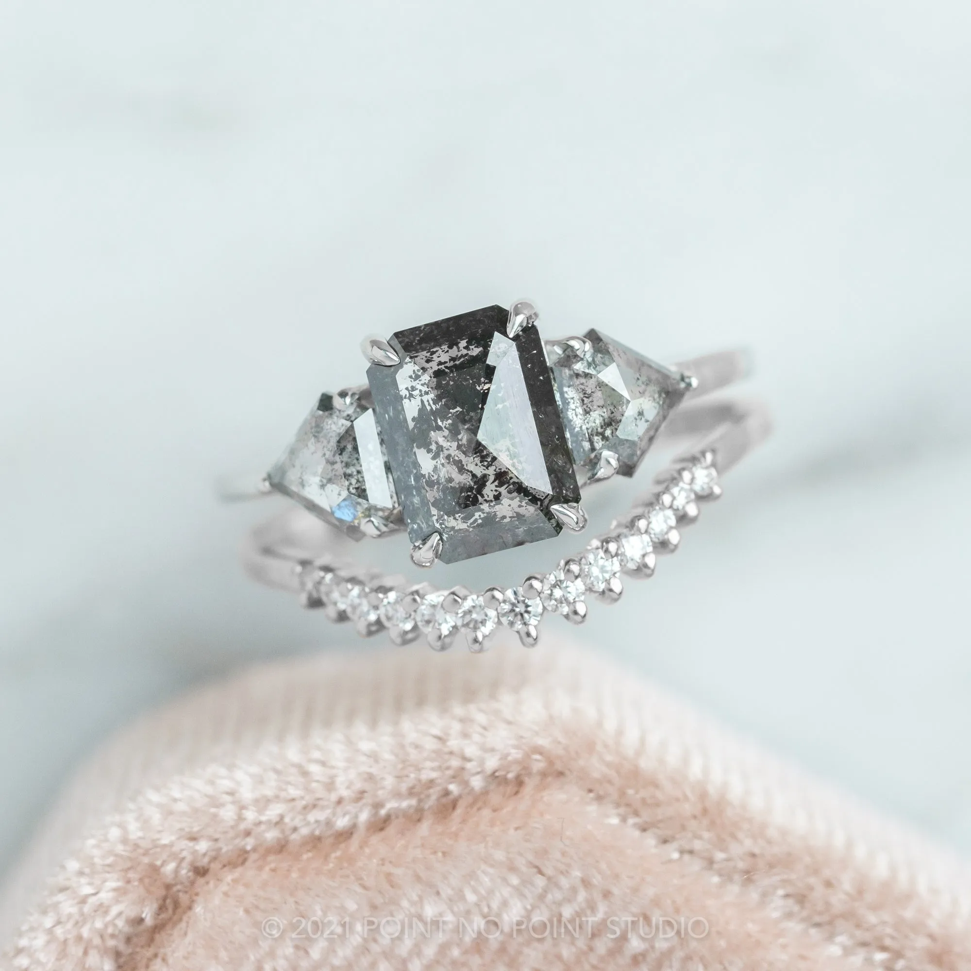 2.59 Carat Salt and Pepper Emerald Diamond Engagement Ring, Zoe setting, 14K White Gold