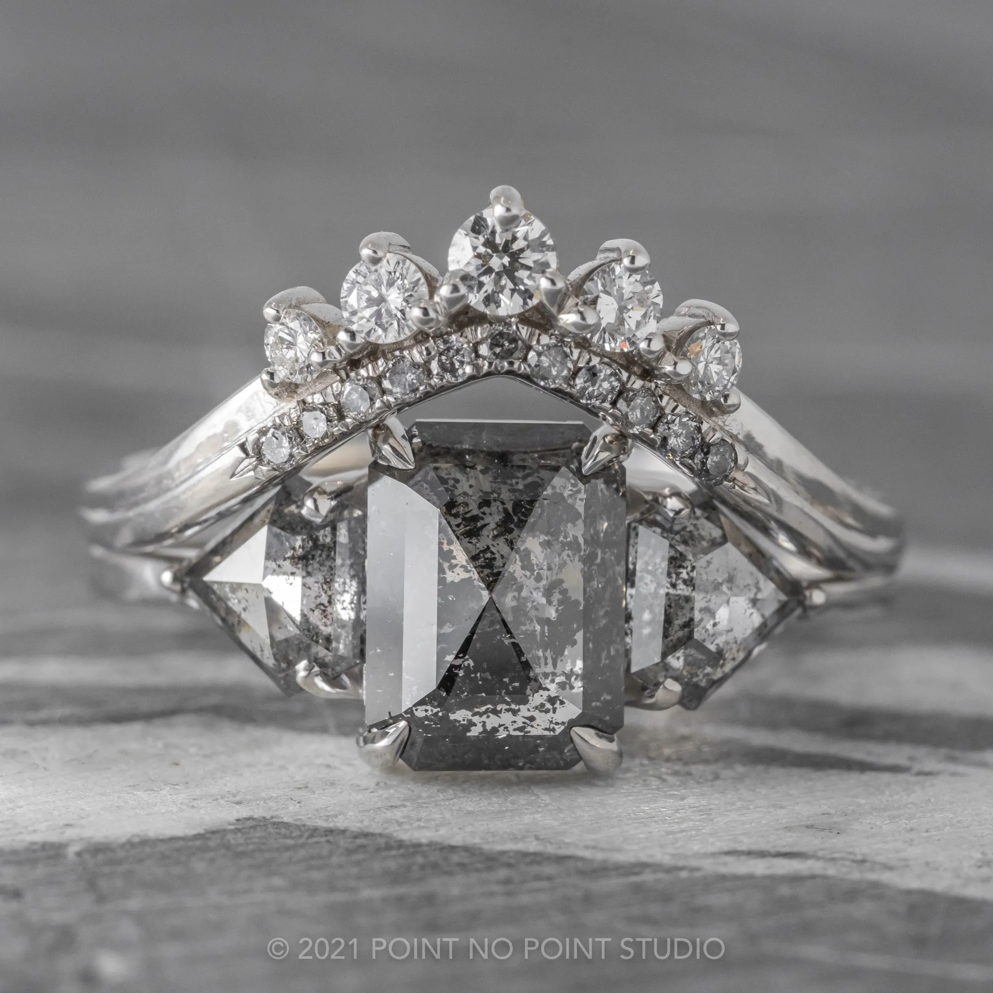 2.59 Carat Salt and Pepper Emerald Diamond Engagement Ring, Zoe setting, 14K White Gold