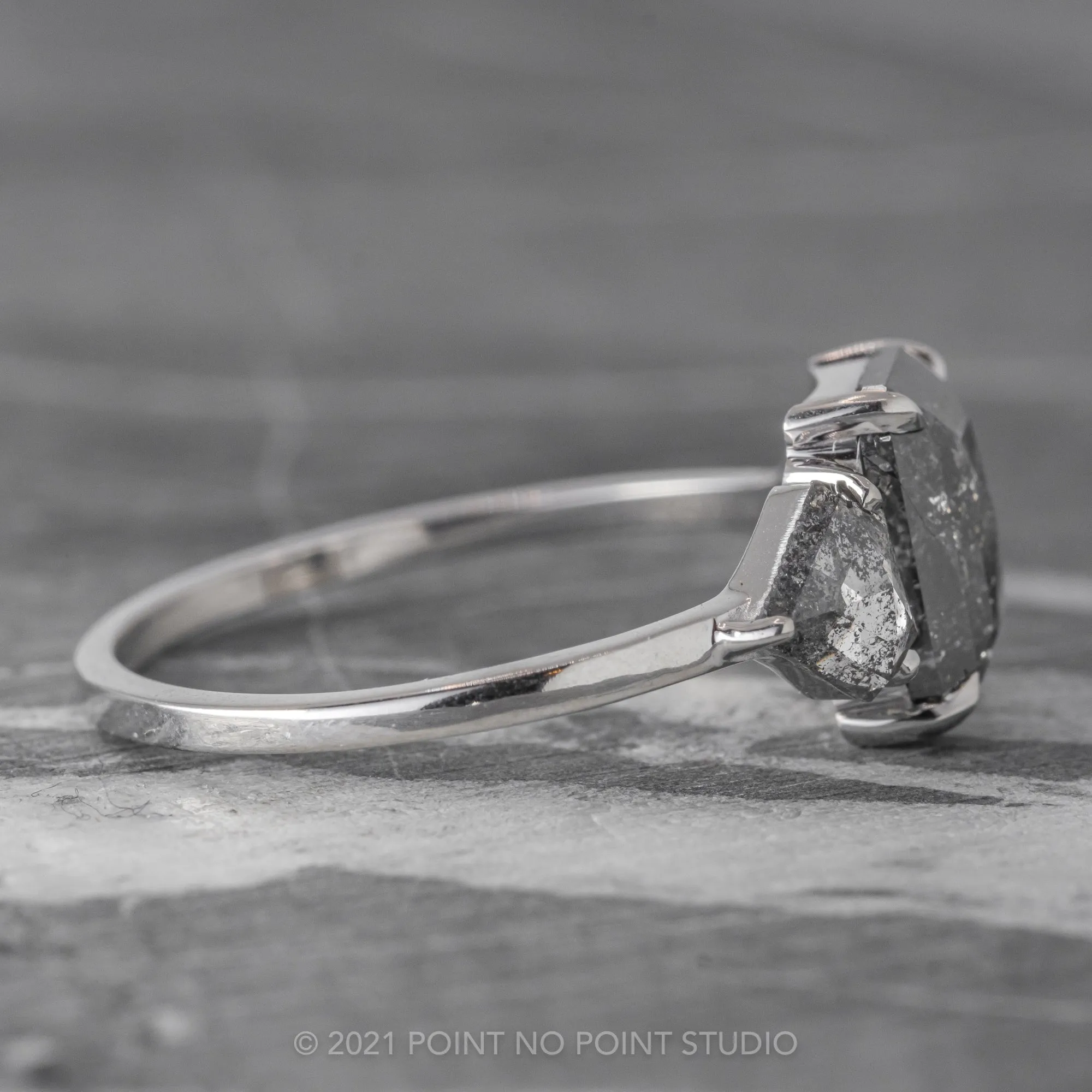 2.59 Carat Salt and Pepper Emerald Diamond Engagement Ring, Zoe setting, 14K White Gold