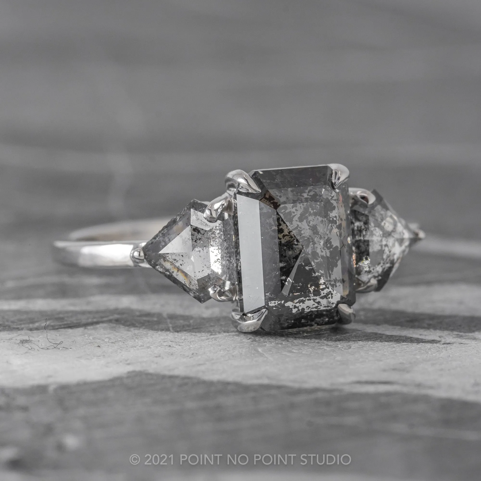 2.59 Carat Salt and Pepper Emerald Diamond Engagement Ring, Zoe setting, 14K White Gold
