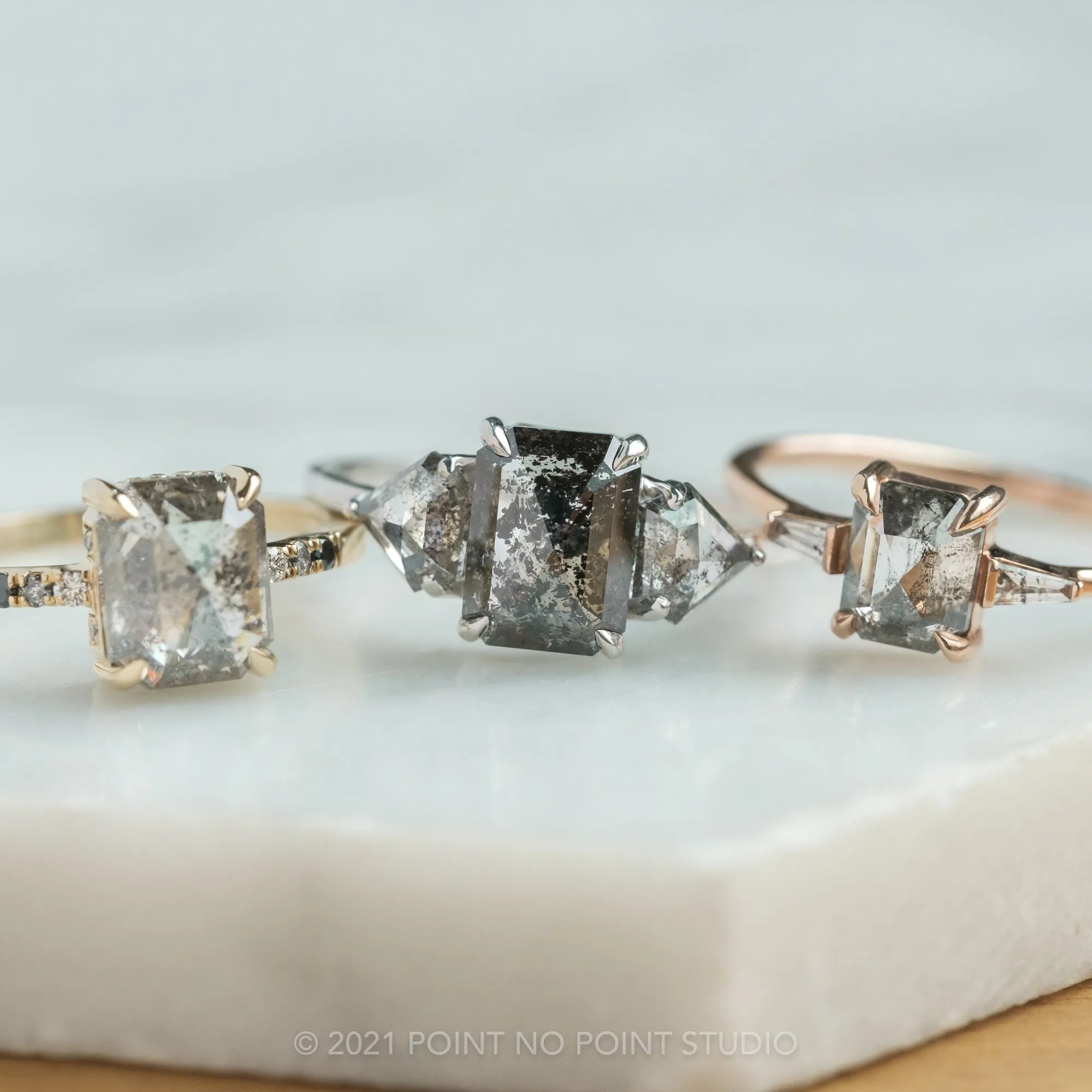 2.59 Carat Salt and Pepper Emerald Diamond Engagement Ring, Zoe setting, 14K White Gold