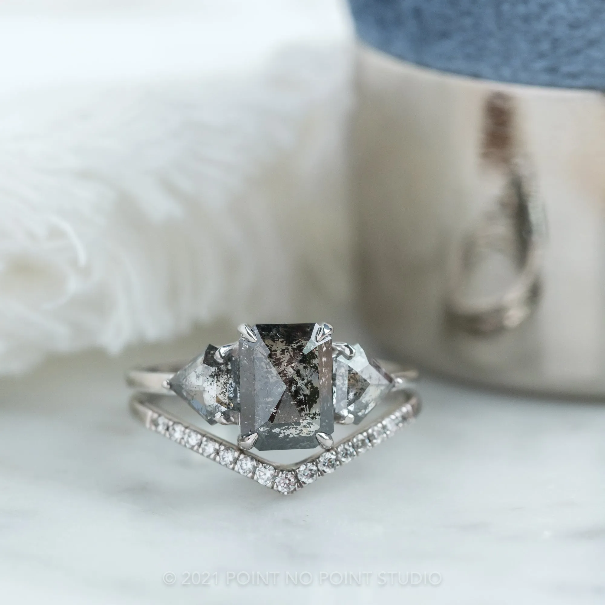 2.59 Carat Salt and Pepper Emerald Diamond Engagement Ring, Zoe setting, 14K White Gold
