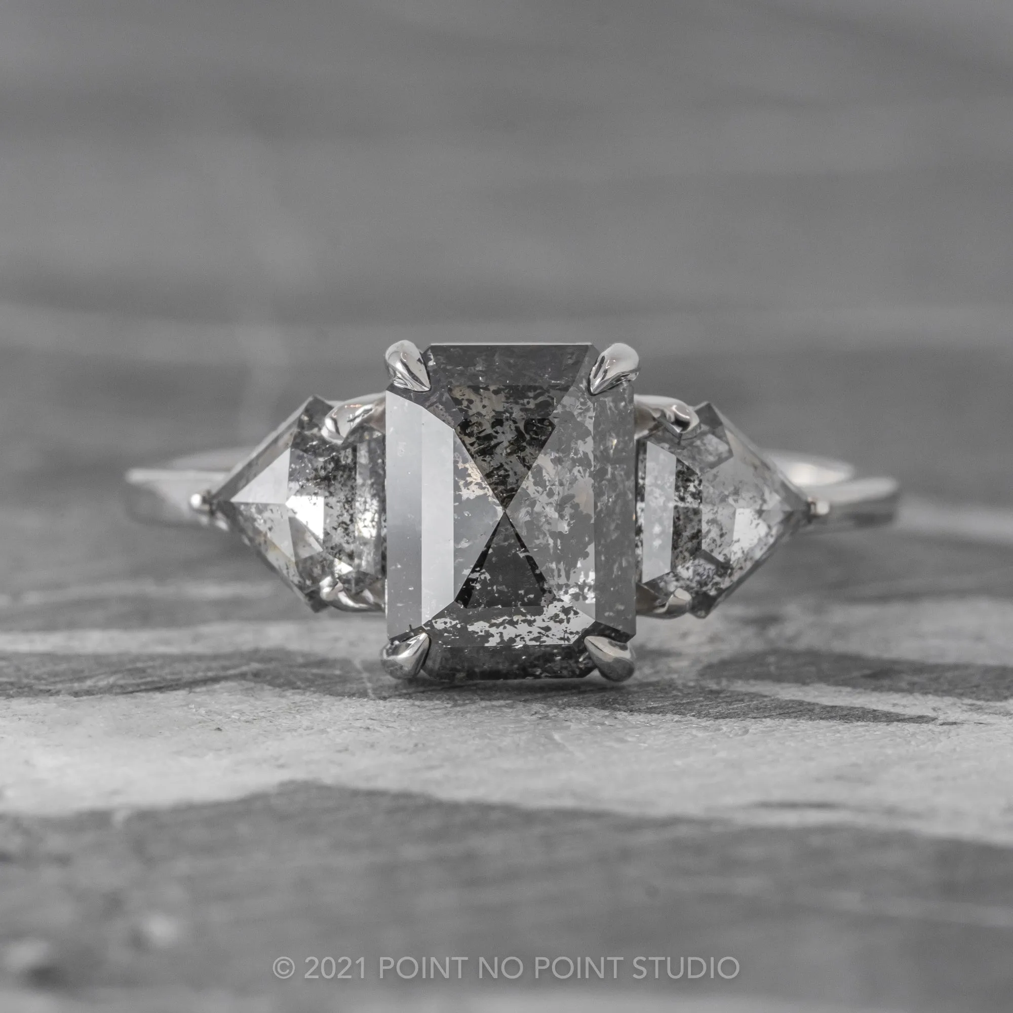 2.59 Carat Salt and Pepper Emerald Diamond Engagement Ring, Zoe setting, 14K White Gold