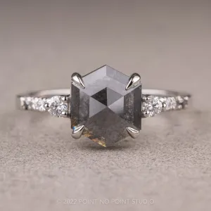 2.68 Carat Black Speckled Hexagon Diamond Engagement Ring, Ombre Eliza Setting, 14K White Gold