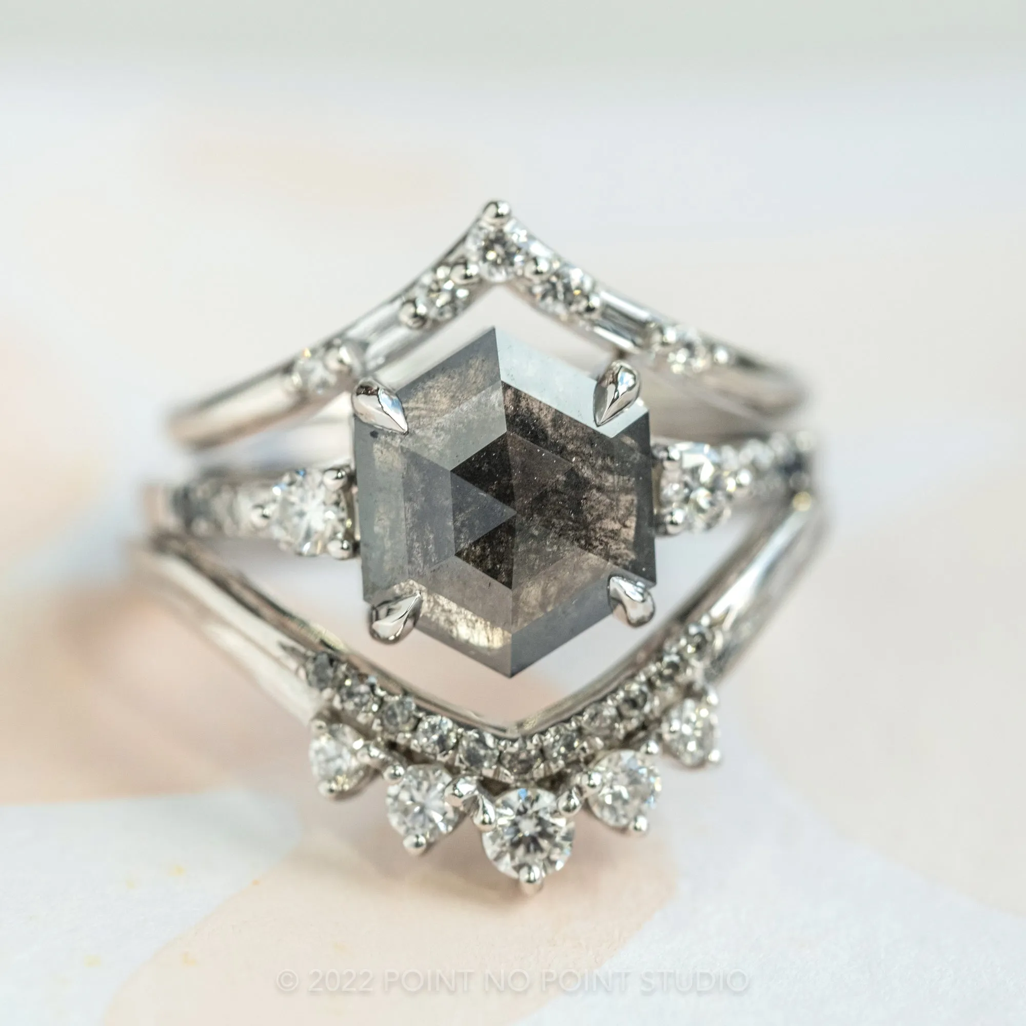 2.68 Carat Black Speckled Hexagon Diamond Engagement Ring, Ombre Eliza Setting, 14K White Gold
