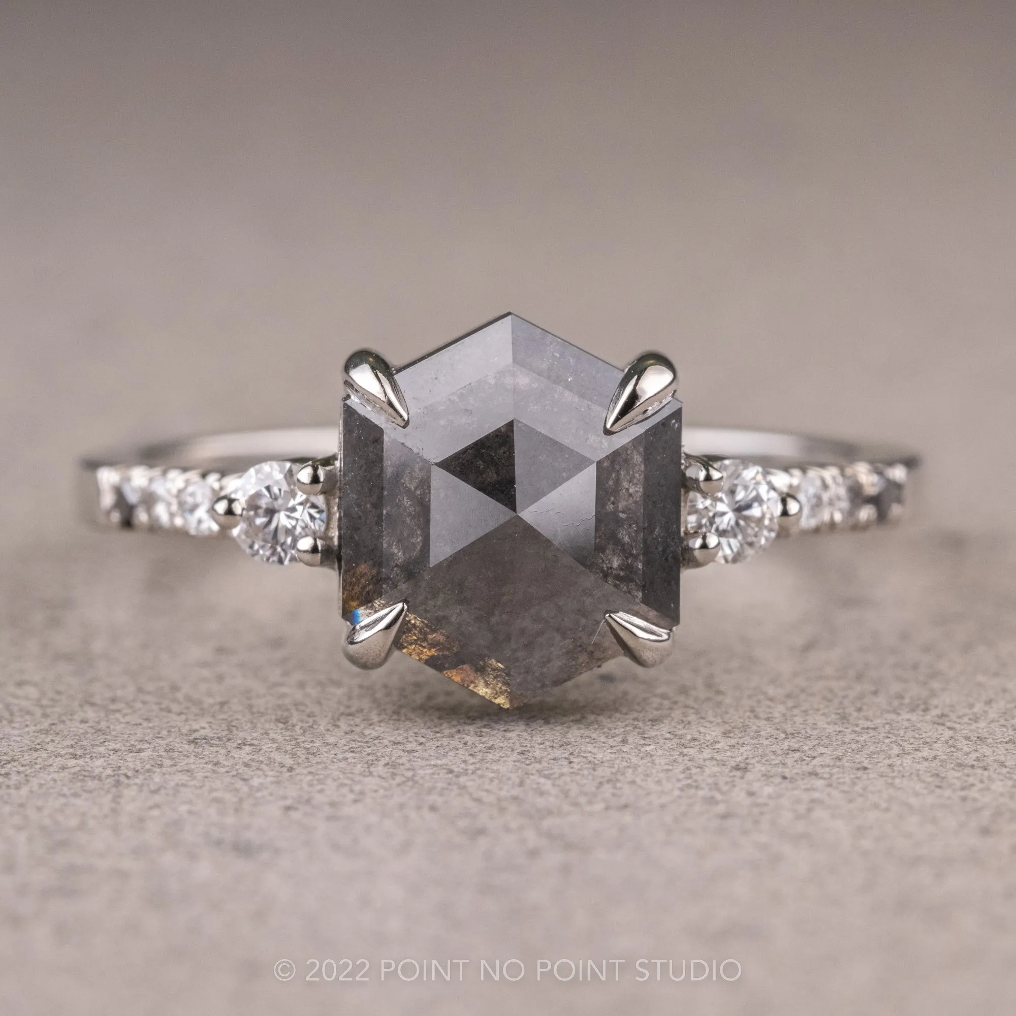 2.68 Carat Black Speckled Hexagon Diamond Engagement Ring, Ombre Eliza Setting, 14K White Gold
