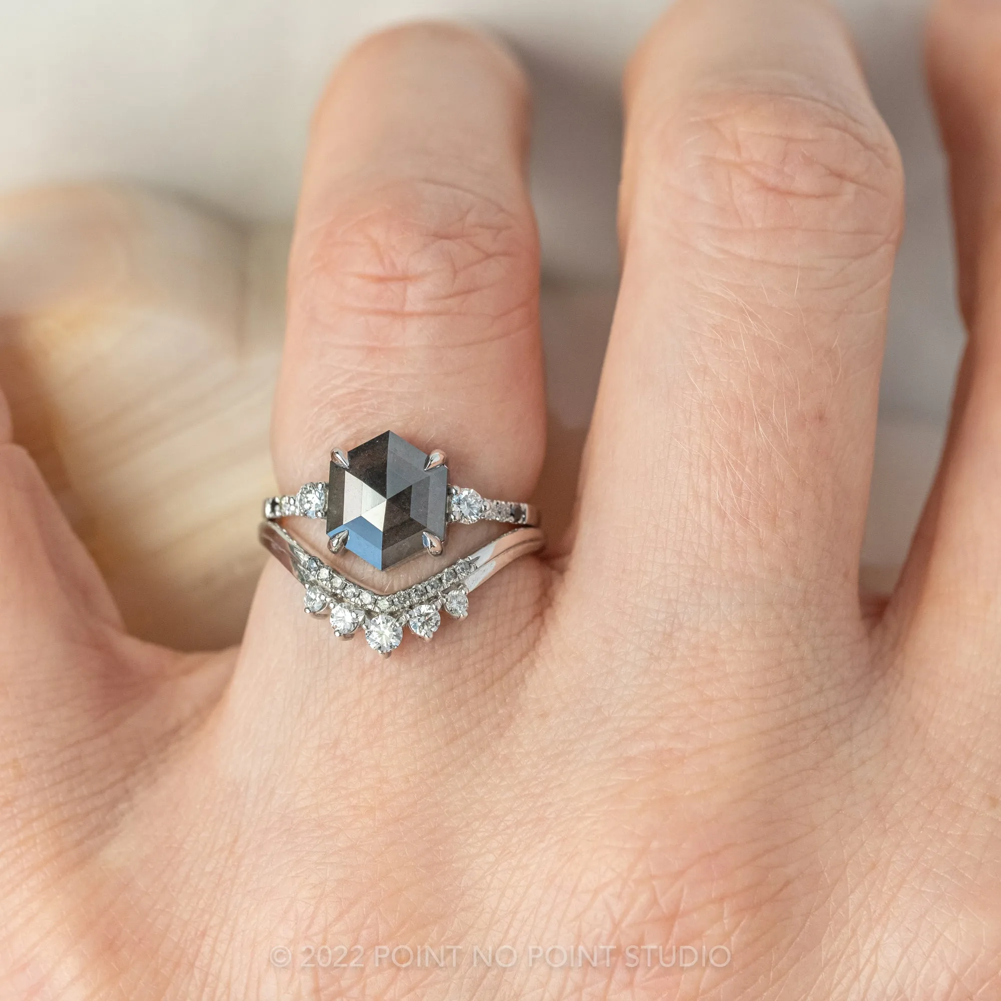 2.68 Carat Black Speckled Hexagon Diamond Engagement Ring, Ombre Eliza Setting, 14K White Gold