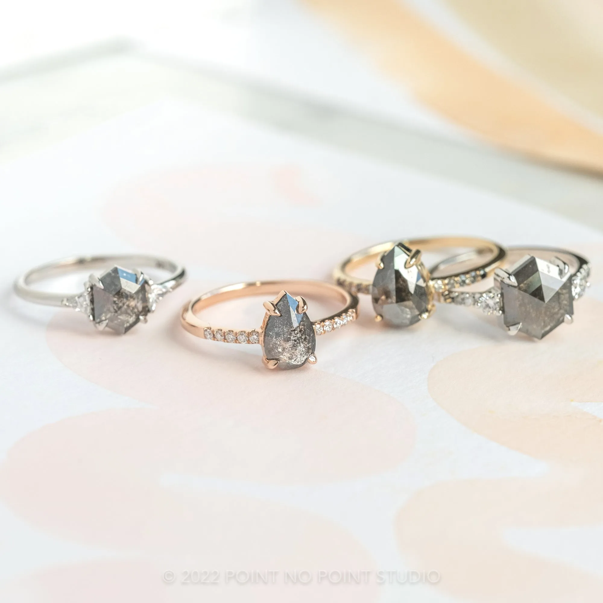 2.68 Carat Black Speckled Hexagon Diamond Engagement Ring, Ombre Eliza Setting, 14K White Gold