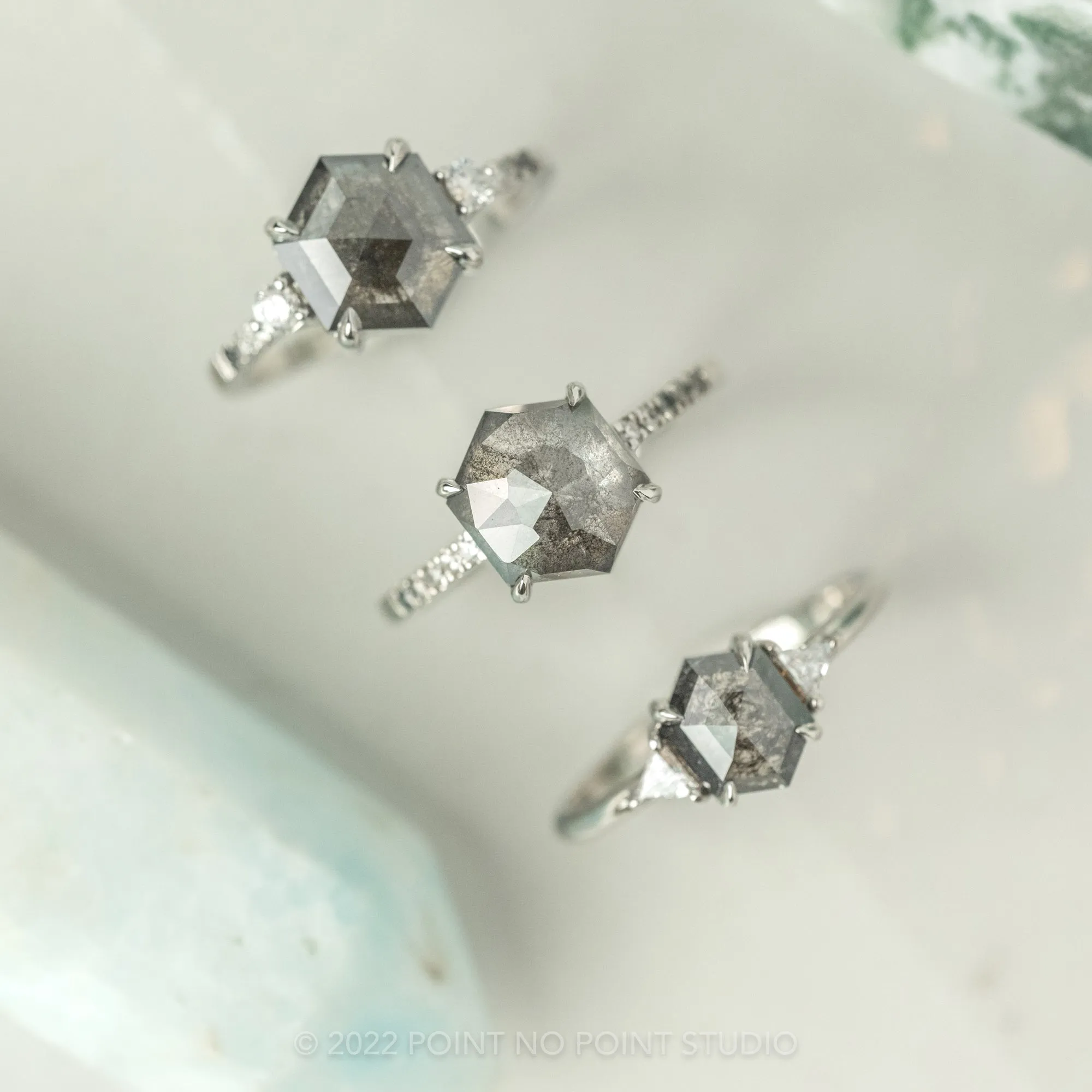 2.68 Carat Black Speckled Hexagon Diamond Engagement Ring, Ombre Eliza Setting, 14K White Gold