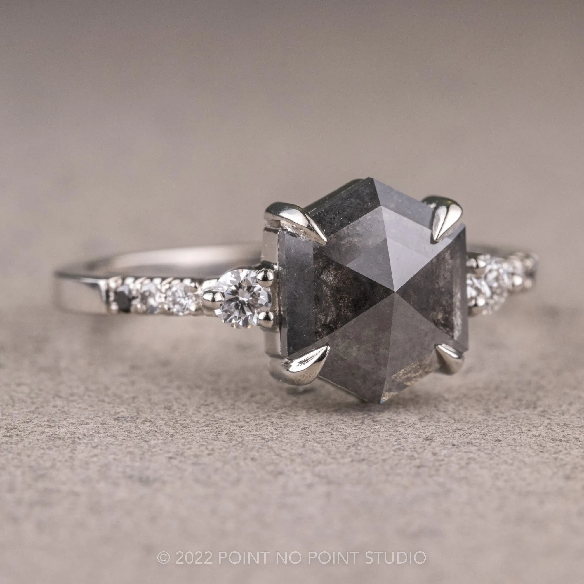 2.68 Carat Black Speckled Hexagon Diamond Engagement Ring, Ombre Eliza Setting, 14K White Gold