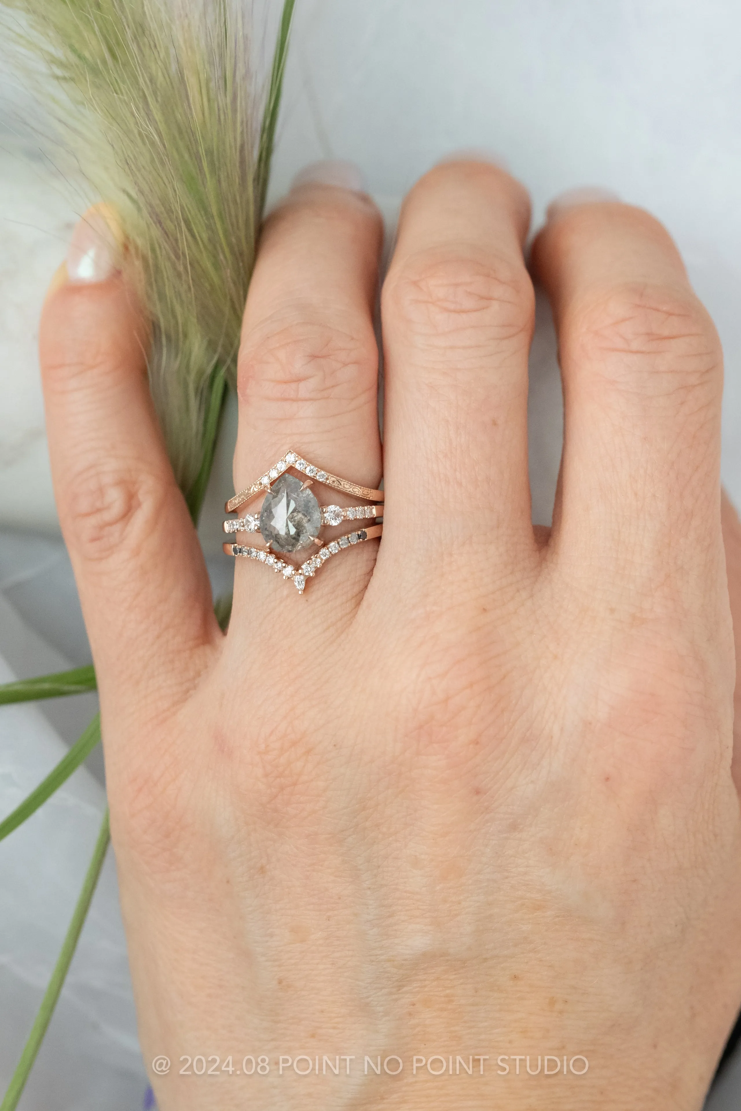 2.71 Carat Salt and Pepper Pear Diamond Engagement Ring, Eliza Setting, 14K Rose Gold