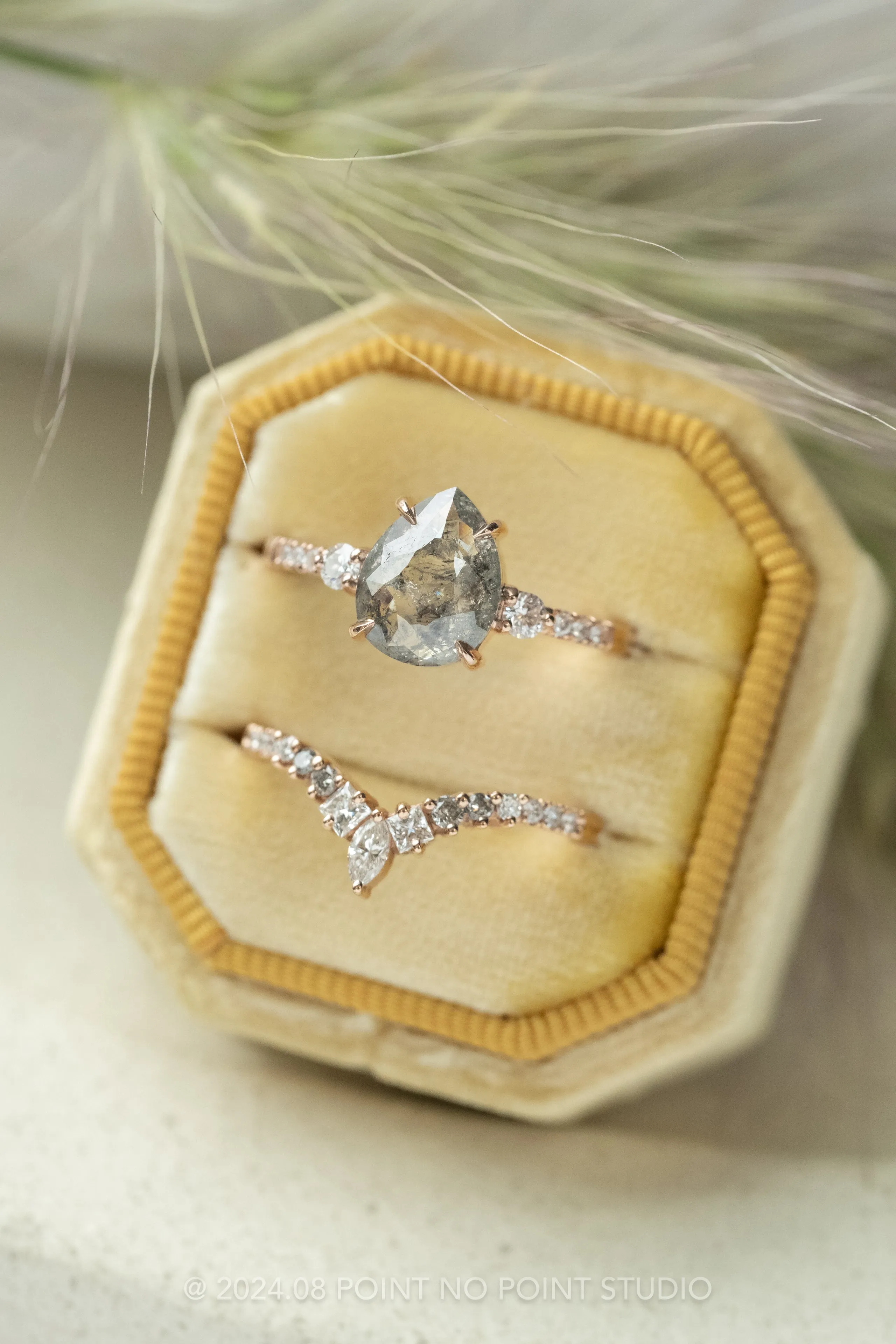 2.71 Carat Salt and Pepper Pear Diamond Engagement Ring, Eliza Setting, 14K Rose Gold