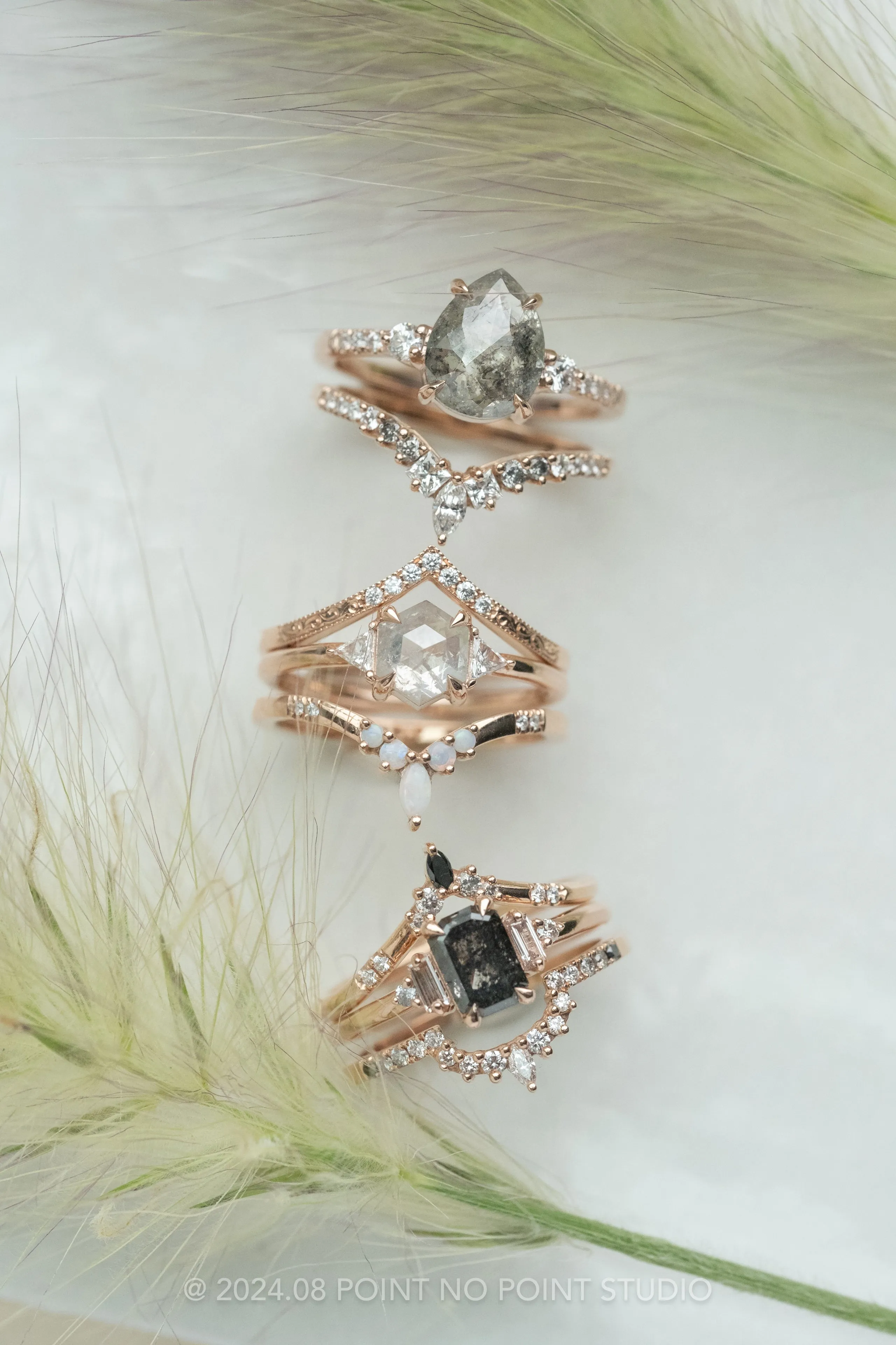 2.71 Carat Salt and Pepper Pear Diamond Engagement Ring, Eliza Setting, 14K Rose Gold