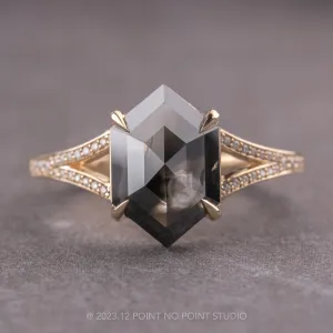 2.73 Carat Opaque Black Hexagon Diamond Engagement Ring, River Setting, 14k Yellow Gold
