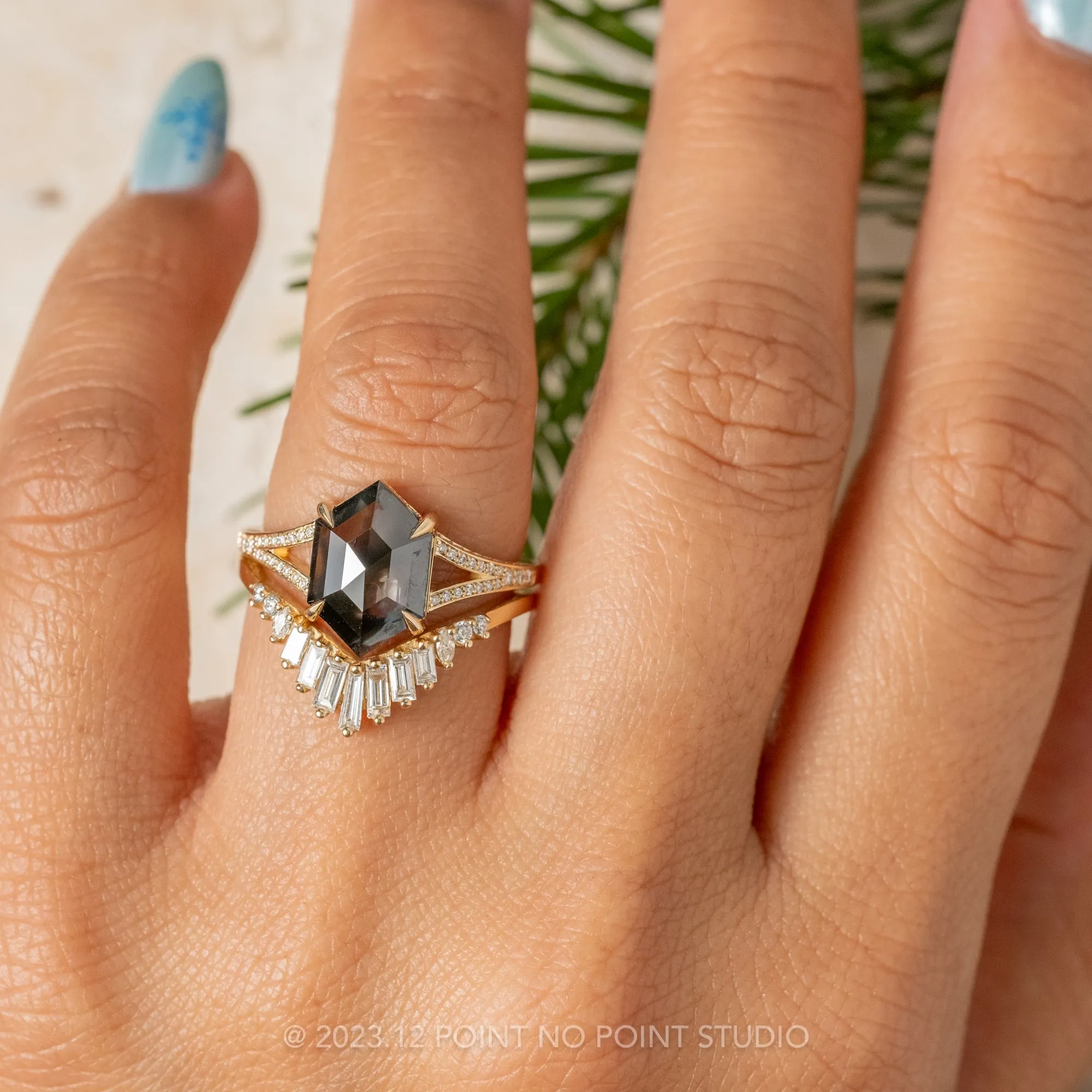 2.73 Carat Opaque Black Hexagon Diamond Engagement Ring, River Setting, 14k Yellow Gold