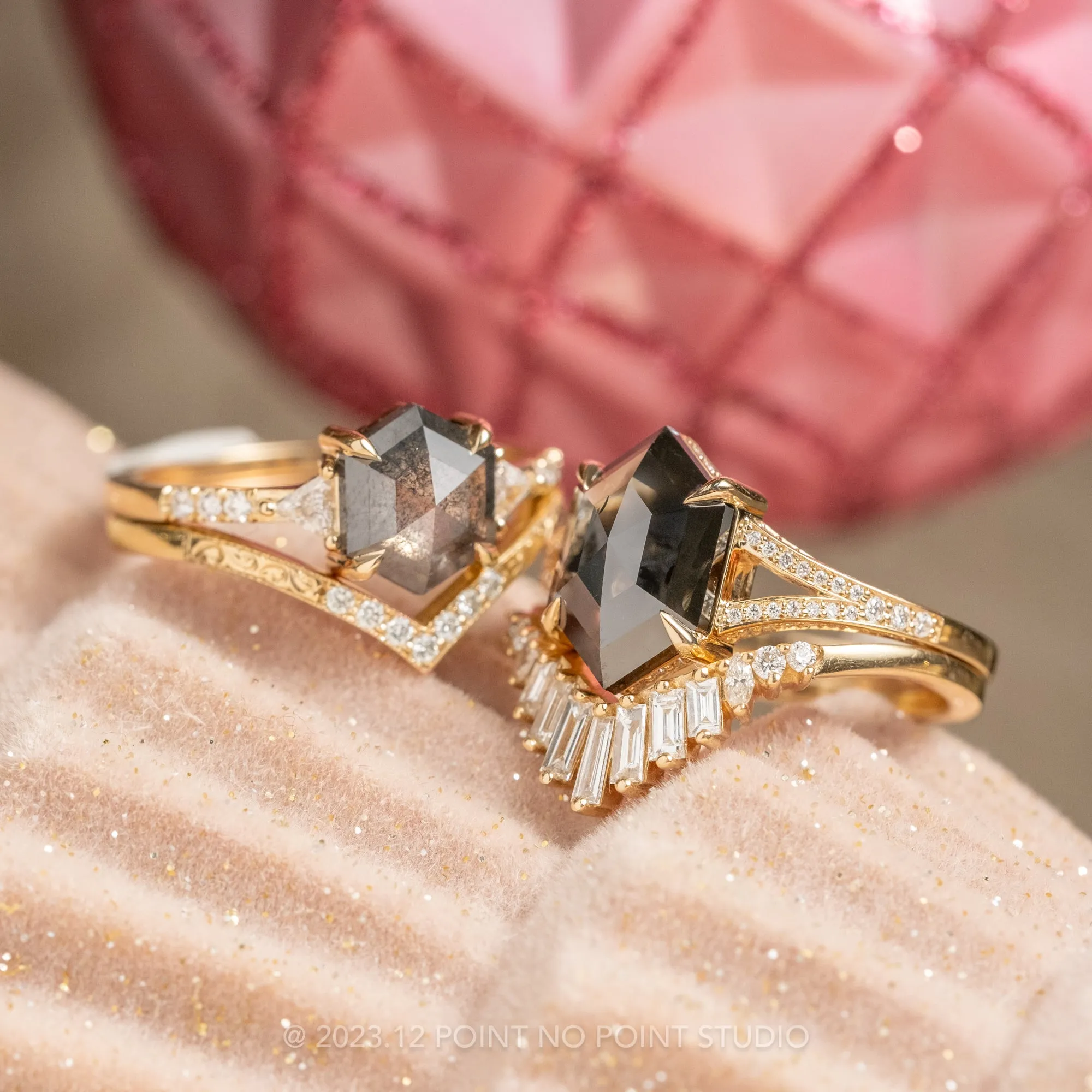 2.73 Carat Opaque Black Hexagon Diamond Engagement Ring, River Setting, 14k Yellow Gold