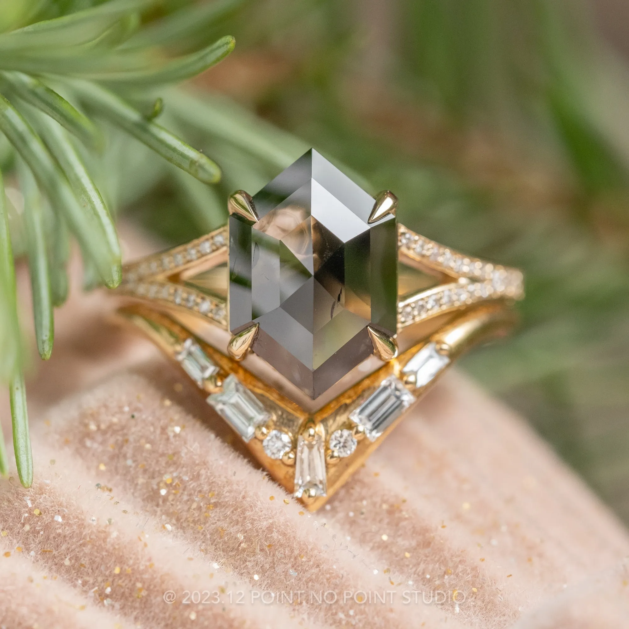 2.73 Carat Opaque Black Hexagon Diamond Engagement Ring, River Setting, 14k Yellow Gold