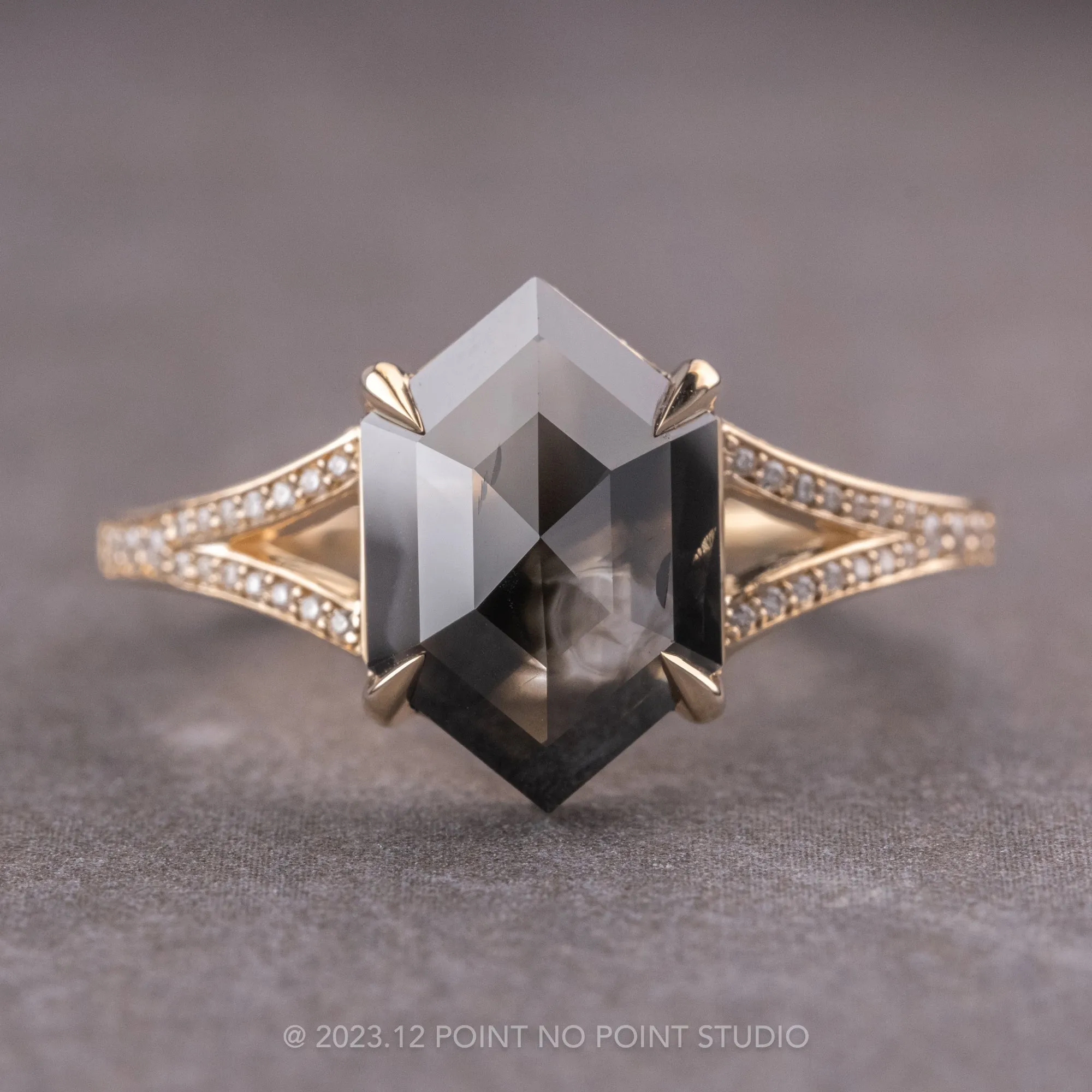 2.73 Carat Opaque Black Hexagon Diamond Engagement Ring, River Setting, 14k Yellow Gold