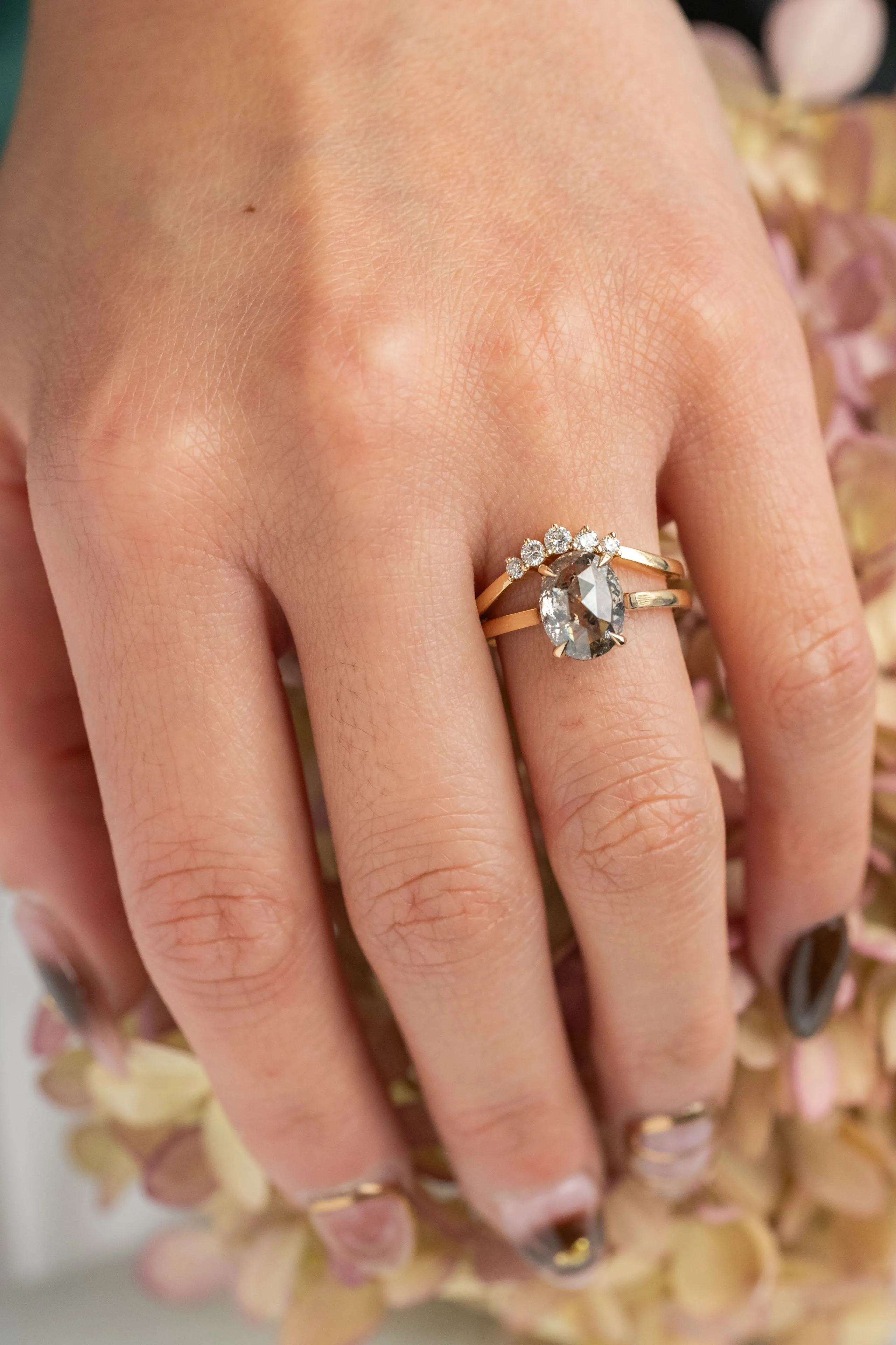 2.77 Carat Salt and Pepper Oval Diamond Engagement Ring, Lark Setting, 14K Yellow Gold