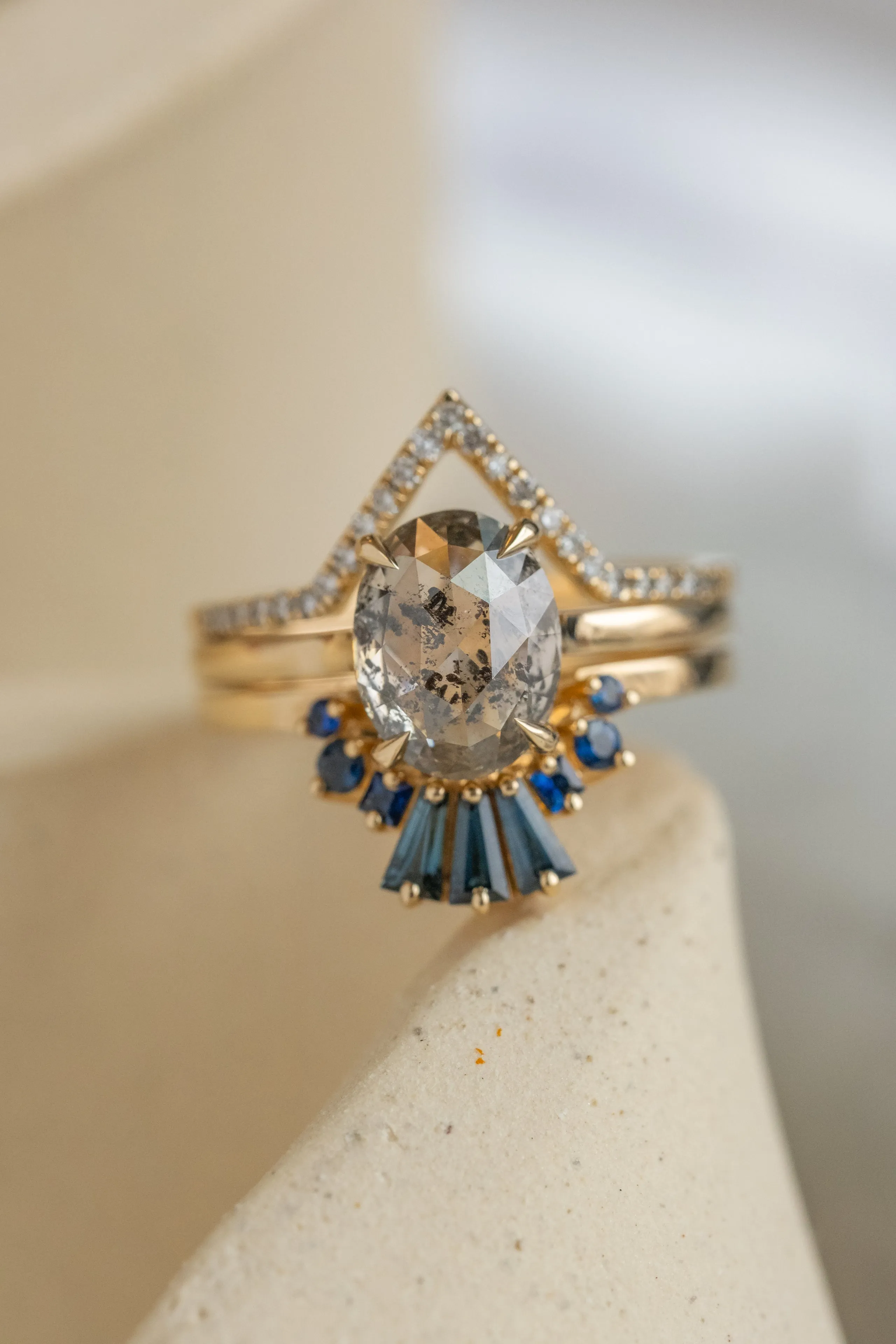 2.77 Carat Salt and Pepper Oval Diamond Engagement Ring, Lark Setting, 14K Yellow Gold