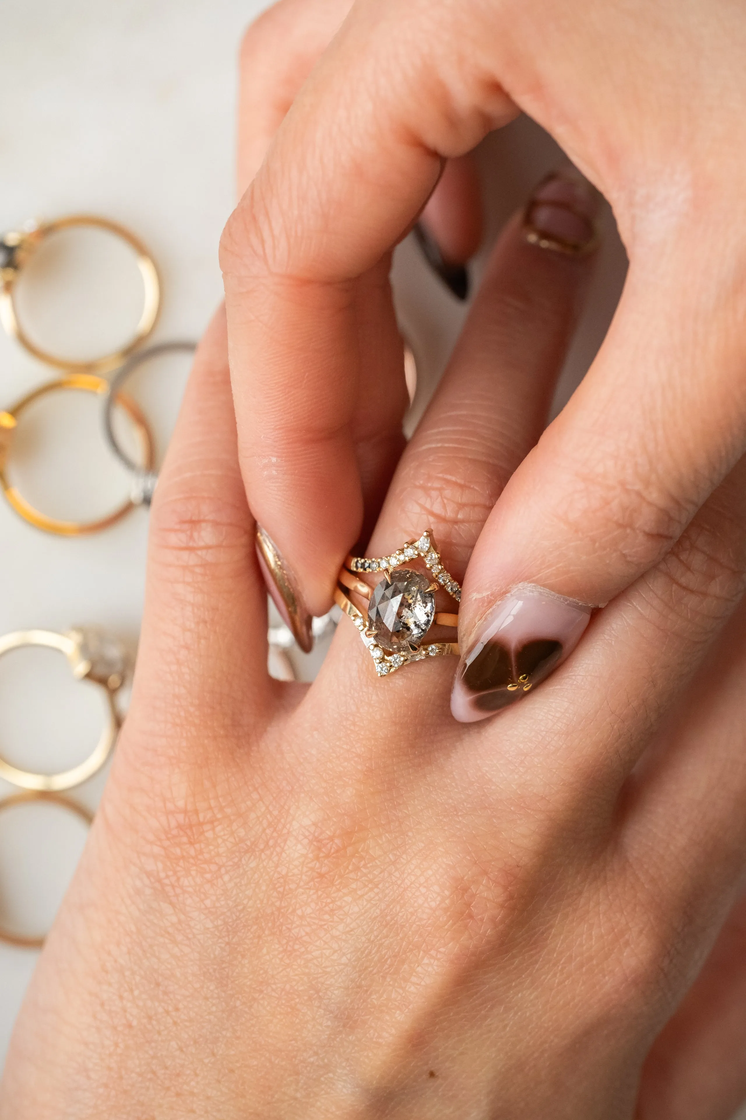 2.77 Carat Salt and Pepper Oval Diamond Engagement Ring, Lark Setting, 14K Yellow Gold