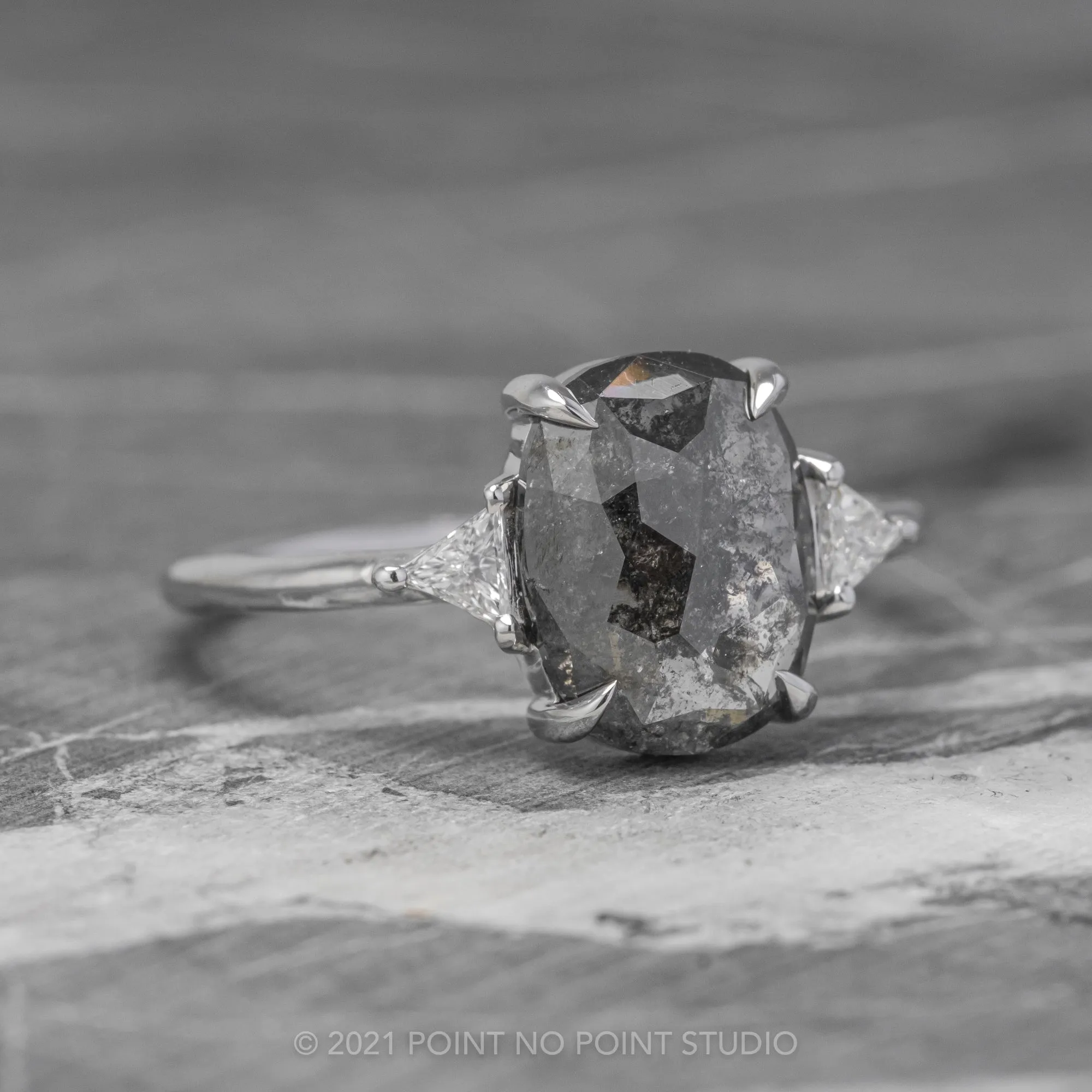 2.80 Carat Black Speckled Oval Diamond Engagement Ring, Zoe Setting, 14K White Gold