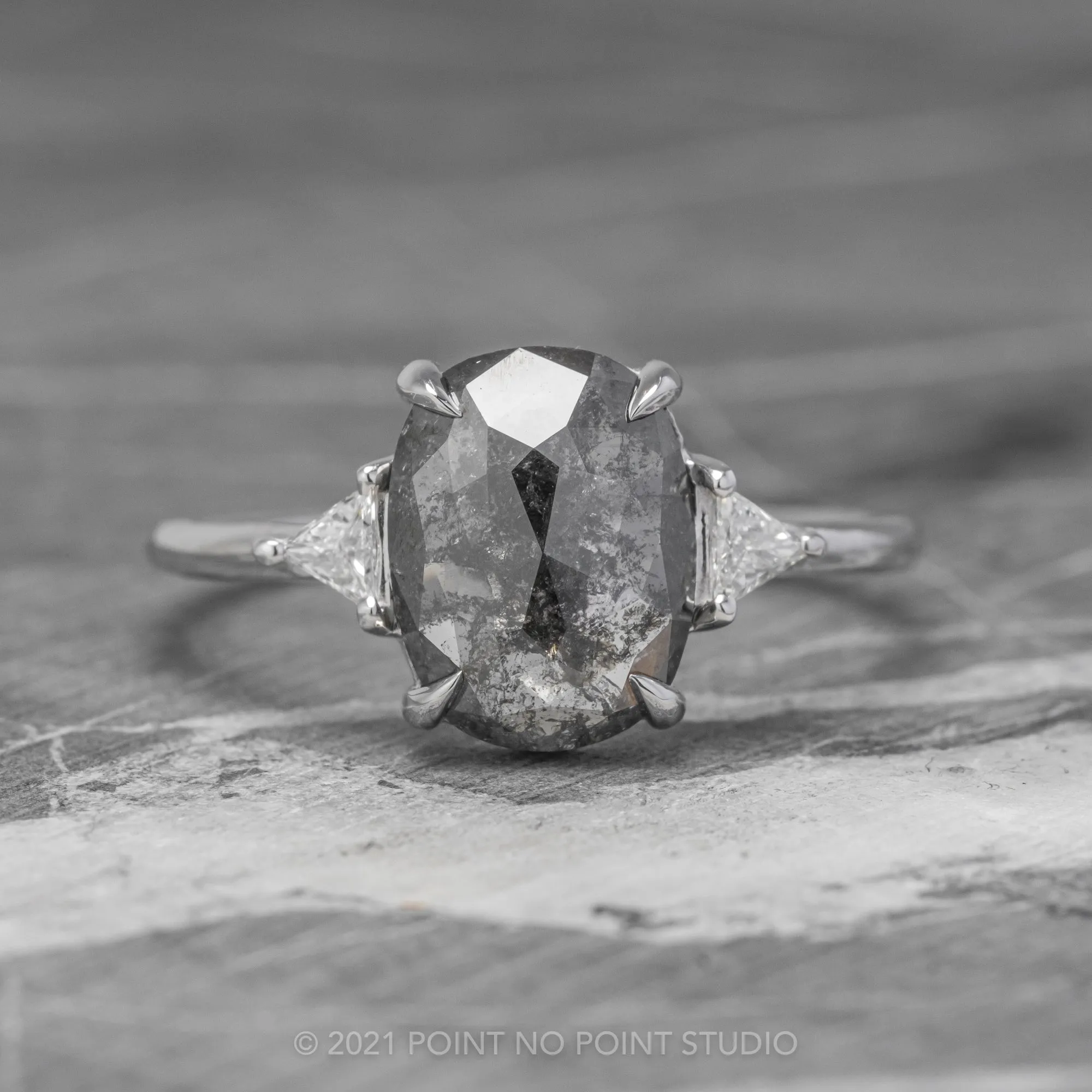 2.80 Carat Black Speckled Oval Diamond Engagement Ring, Zoe Setting, 14K White Gold