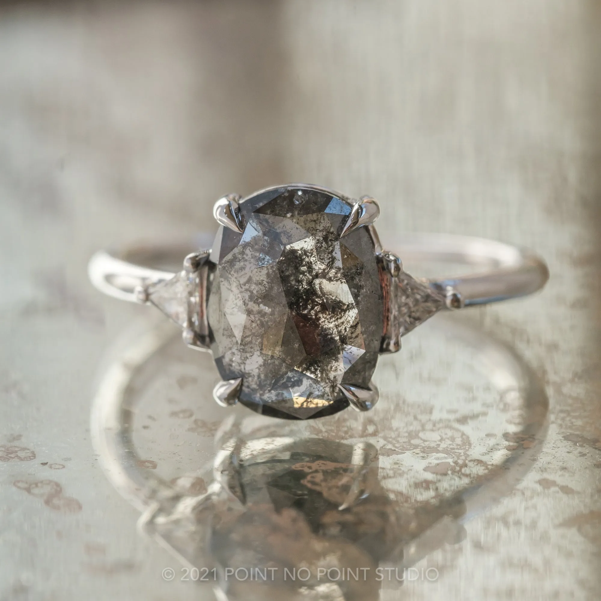 2.80 Carat Black Speckled Oval Diamond Engagement Ring, Zoe Setting, 14K White Gold
