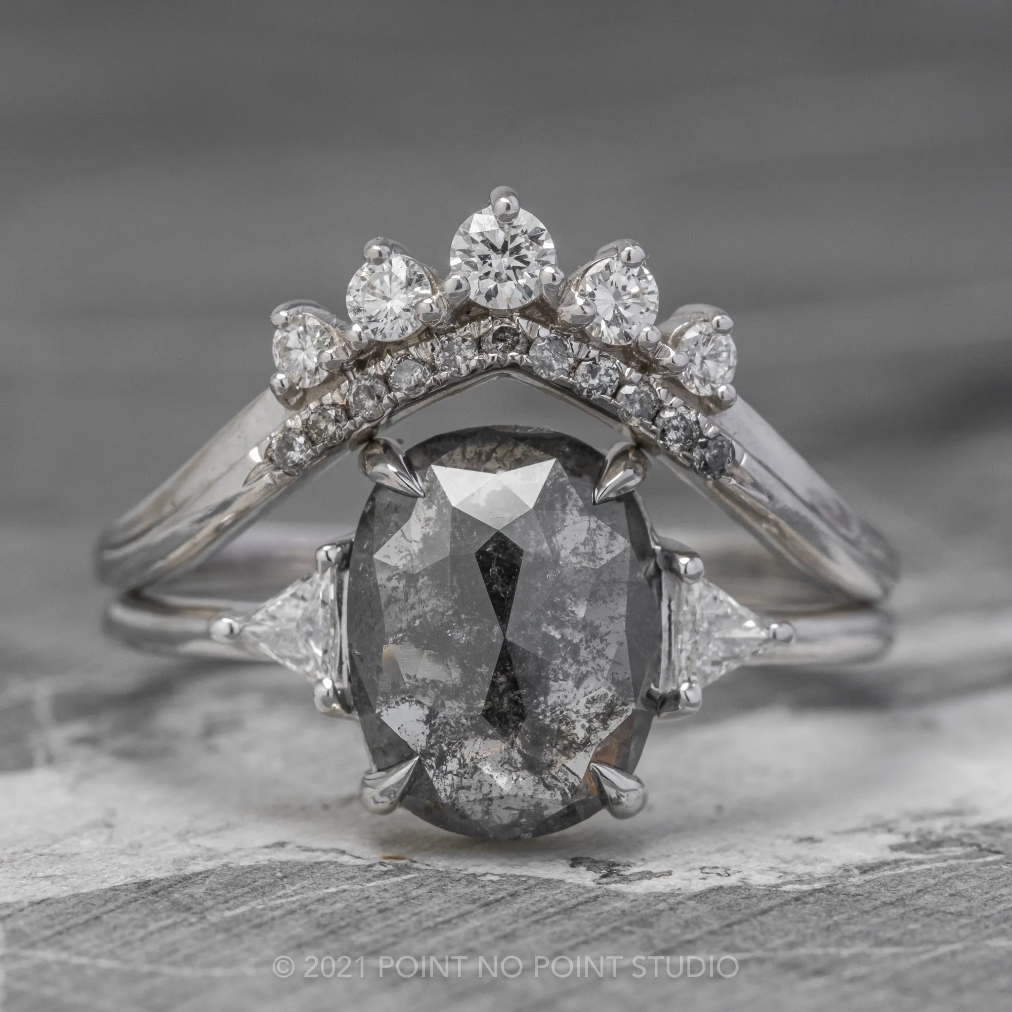 2.80 Carat Black Speckled Oval Diamond Engagement Ring, Zoe Setting, 14K White Gold