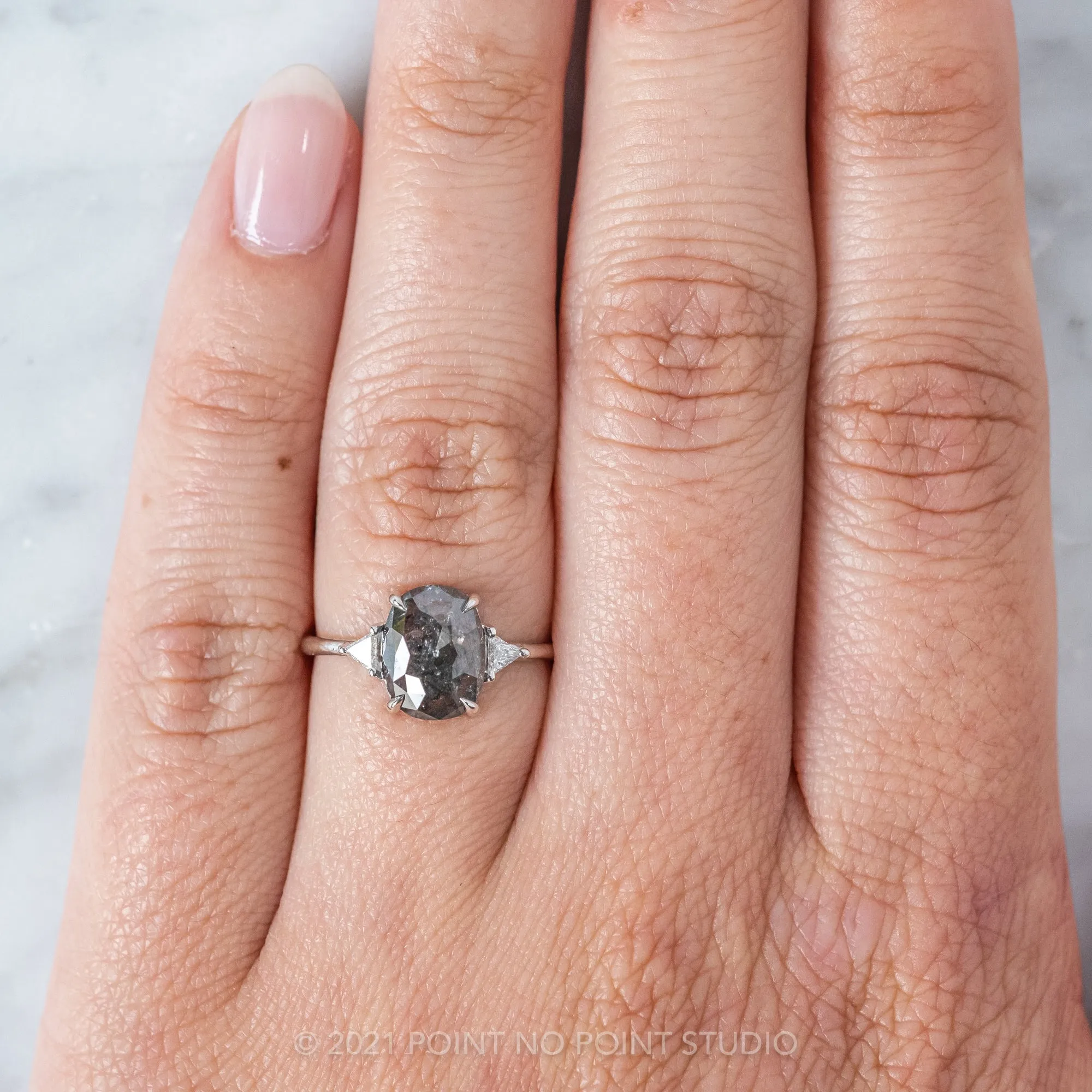 2.80 Carat Black Speckled Oval Diamond Engagement Ring, Zoe Setting, 14K White Gold