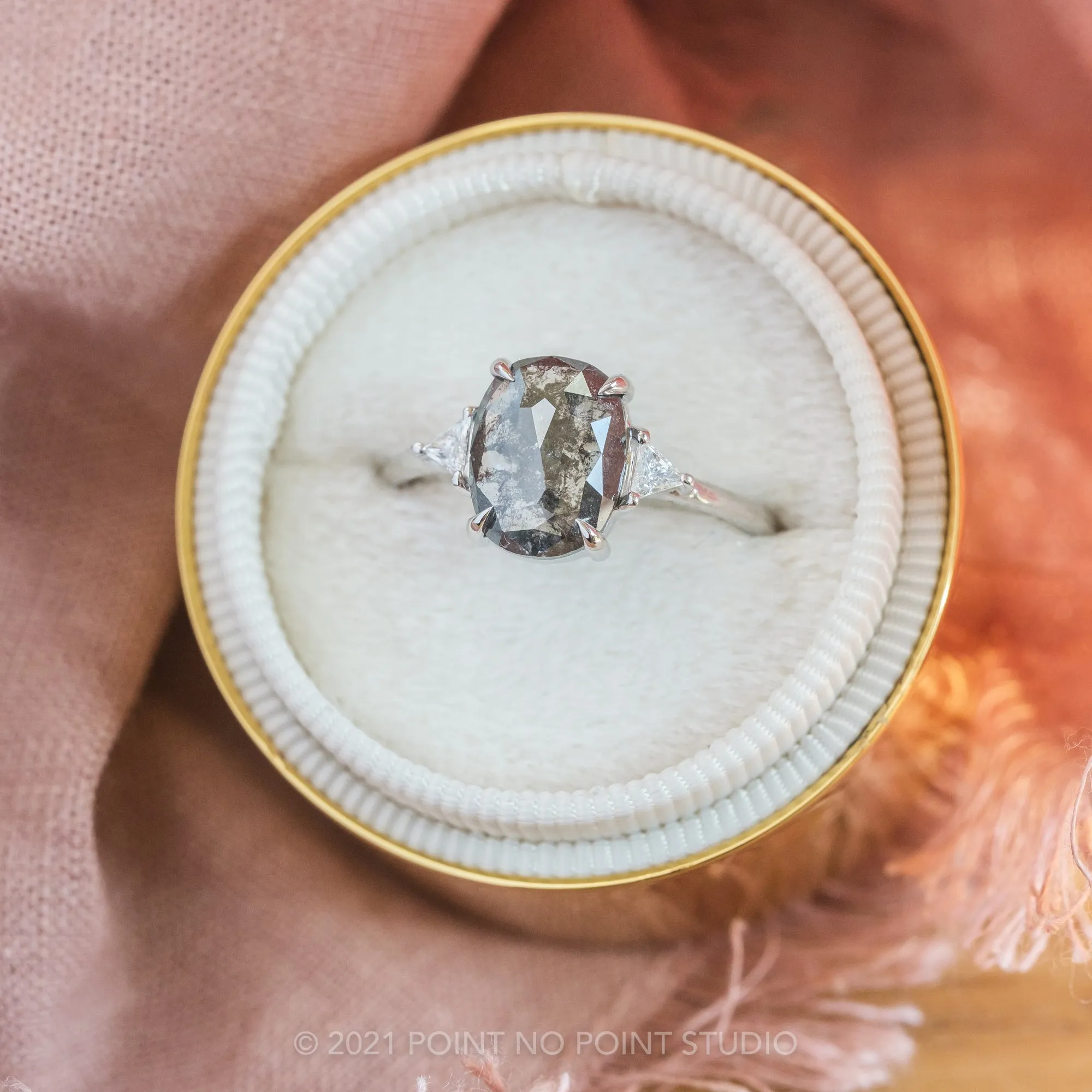 2.80 Carat Black Speckled Oval Diamond Engagement Ring, Zoe Setting, 14K White Gold