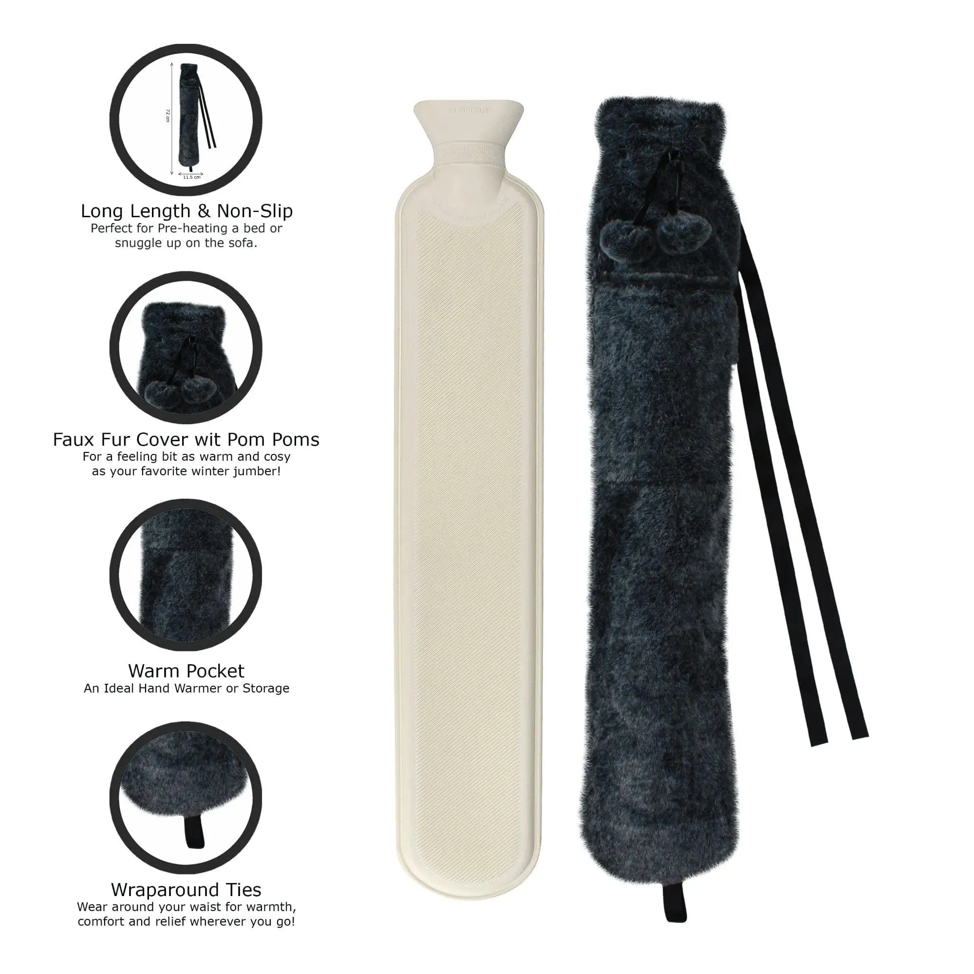 2L Long Hot Water Bottle With Plush Cover & Pompoms